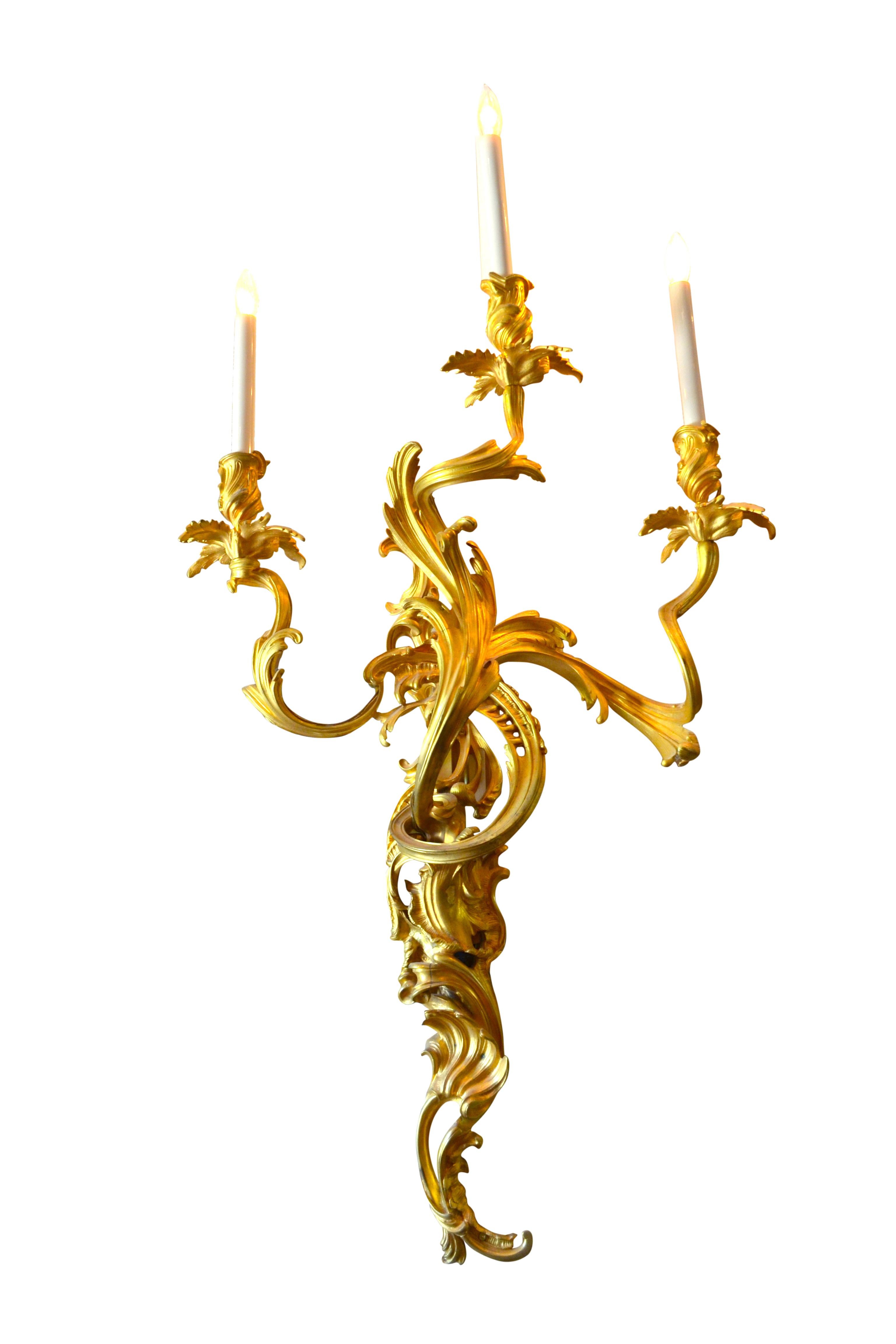 Louis XVI Pair of Large 19 Century French Gilt Bronze Louis XV Style Sconces For Sale