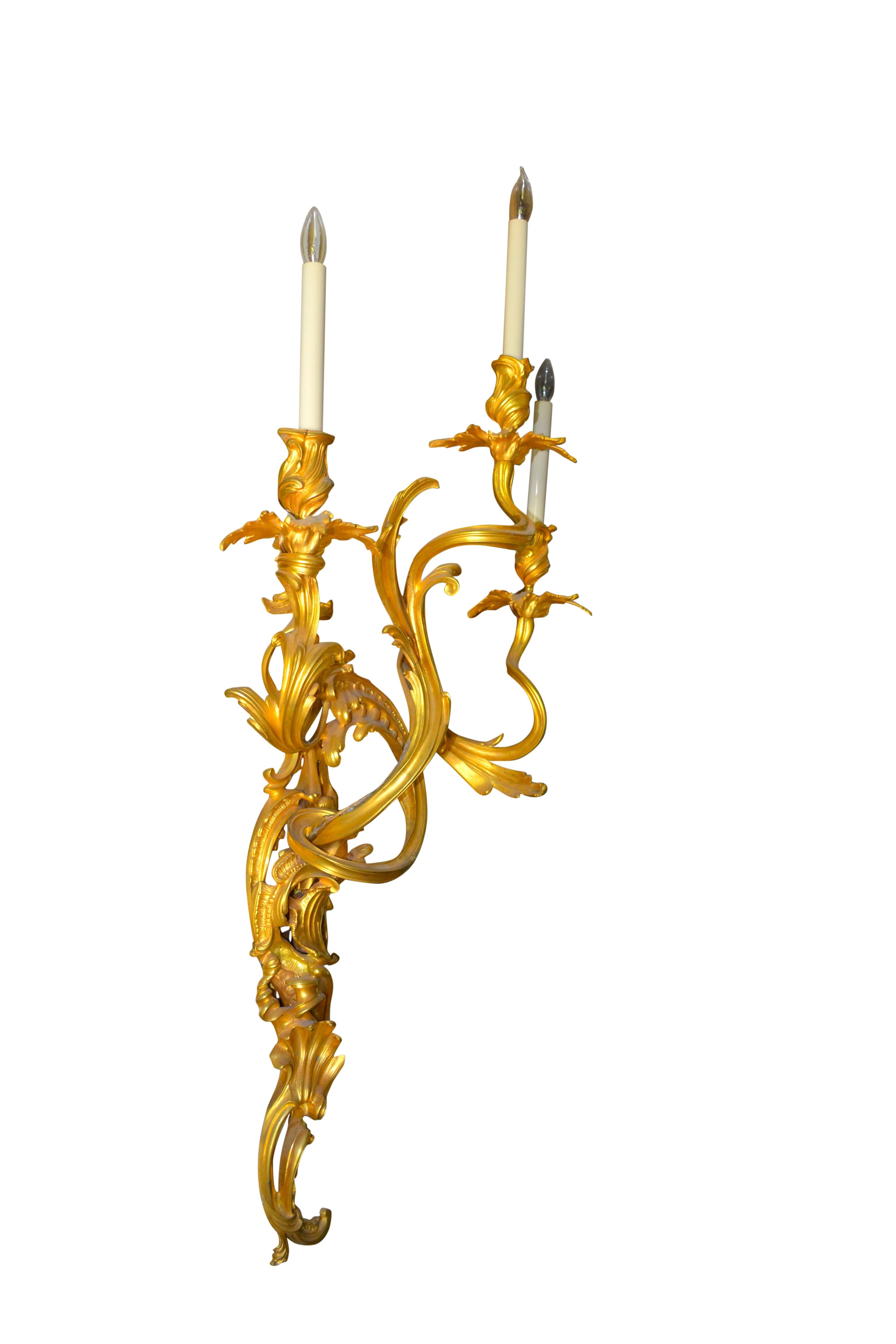 Pair of Large 19 Century French Gilt Bronze Louis XV Style Sconces In Good Condition For Sale In Vancouver, British Columbia