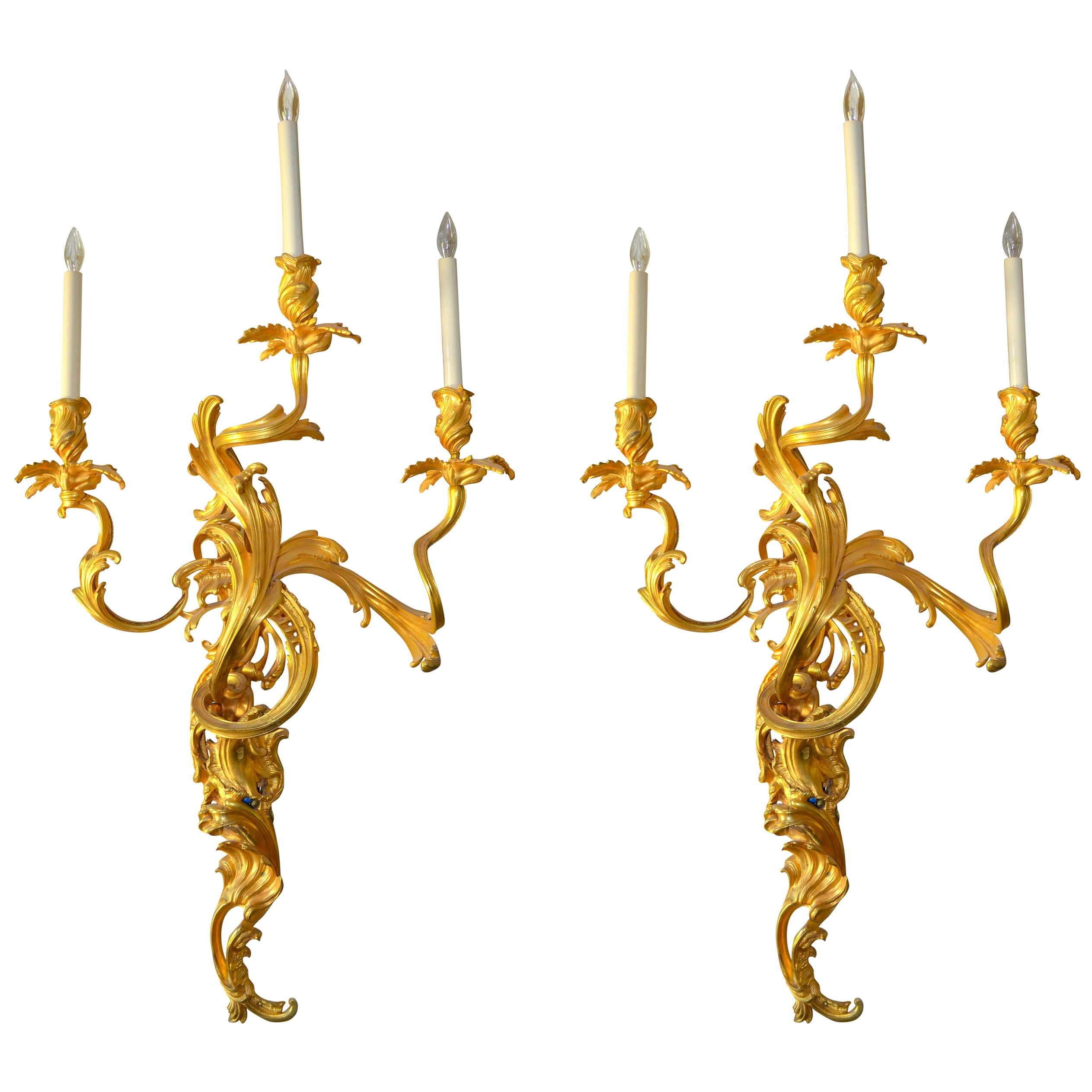 Pair of Large 19 Century French Gilt Bronze Louis XV Style Sconces For Sale