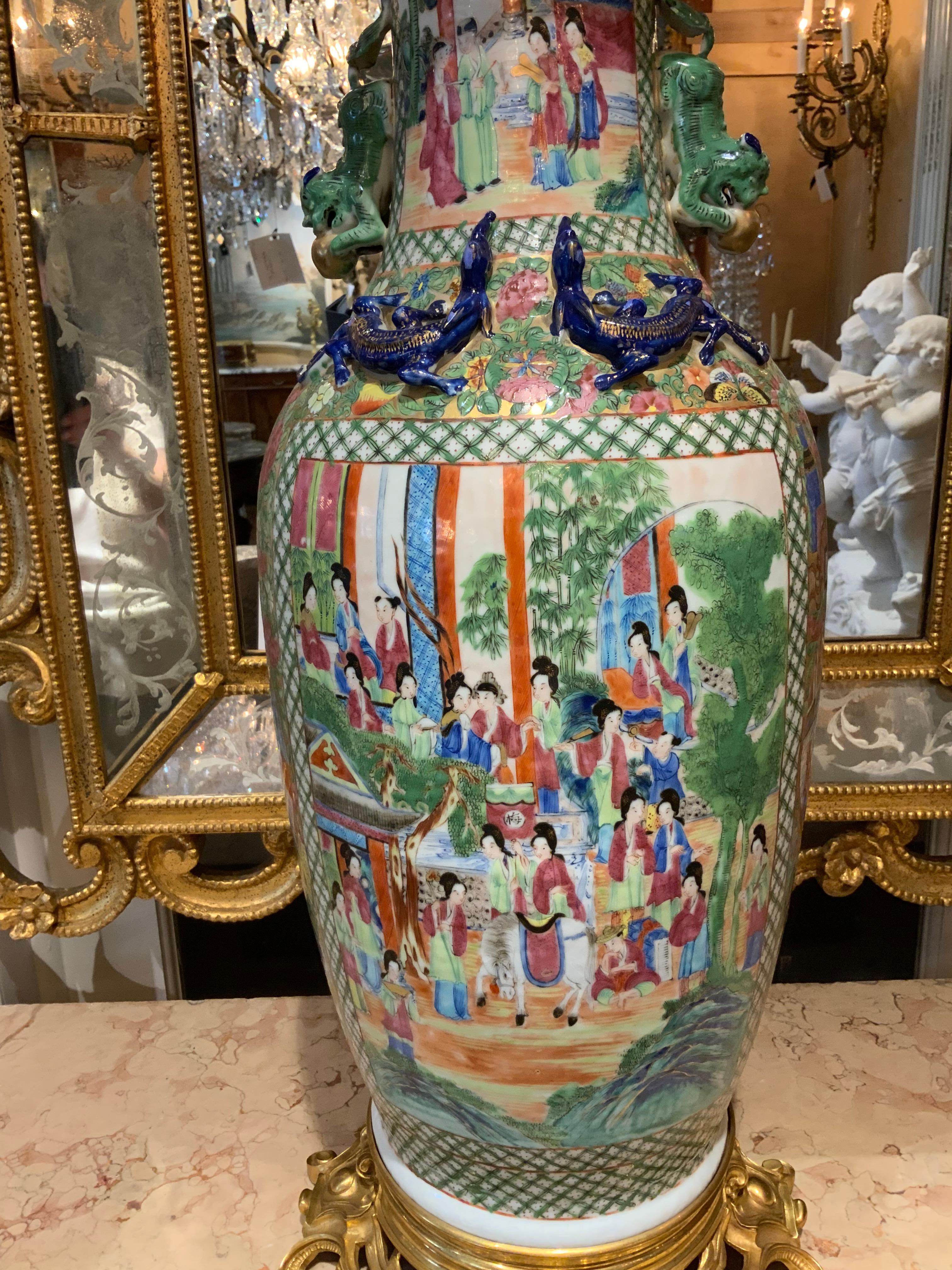 Porcelain Pair of Large 19th C. Asian Rose Medallion Vases For Sale