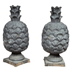 Pair of Large 1900s American Iron Pineapple Sculptures Resting on Square Bases