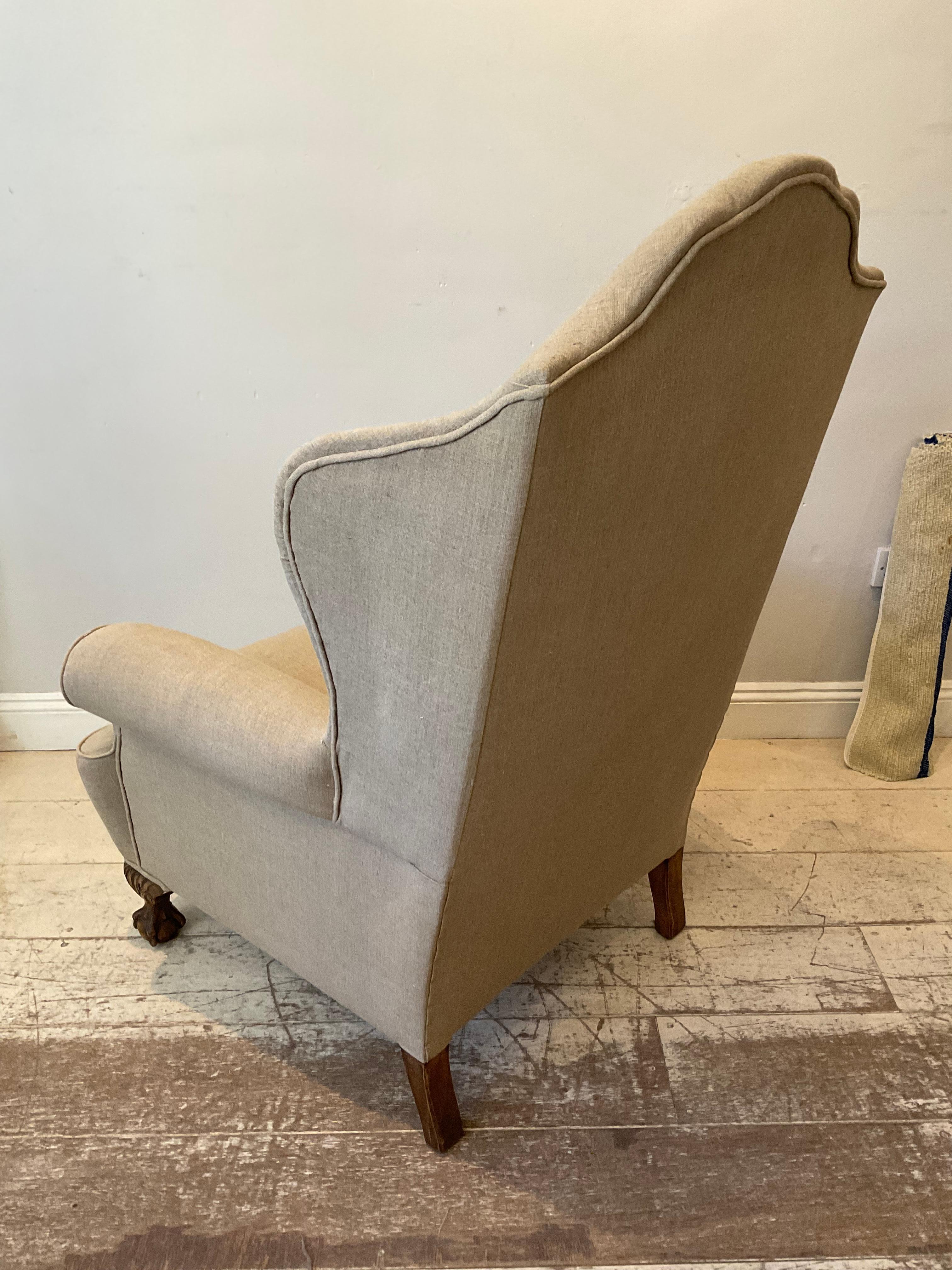 Pair of Large 1920s English Wing Back Chairs Upholstered in Neutral Linen 2