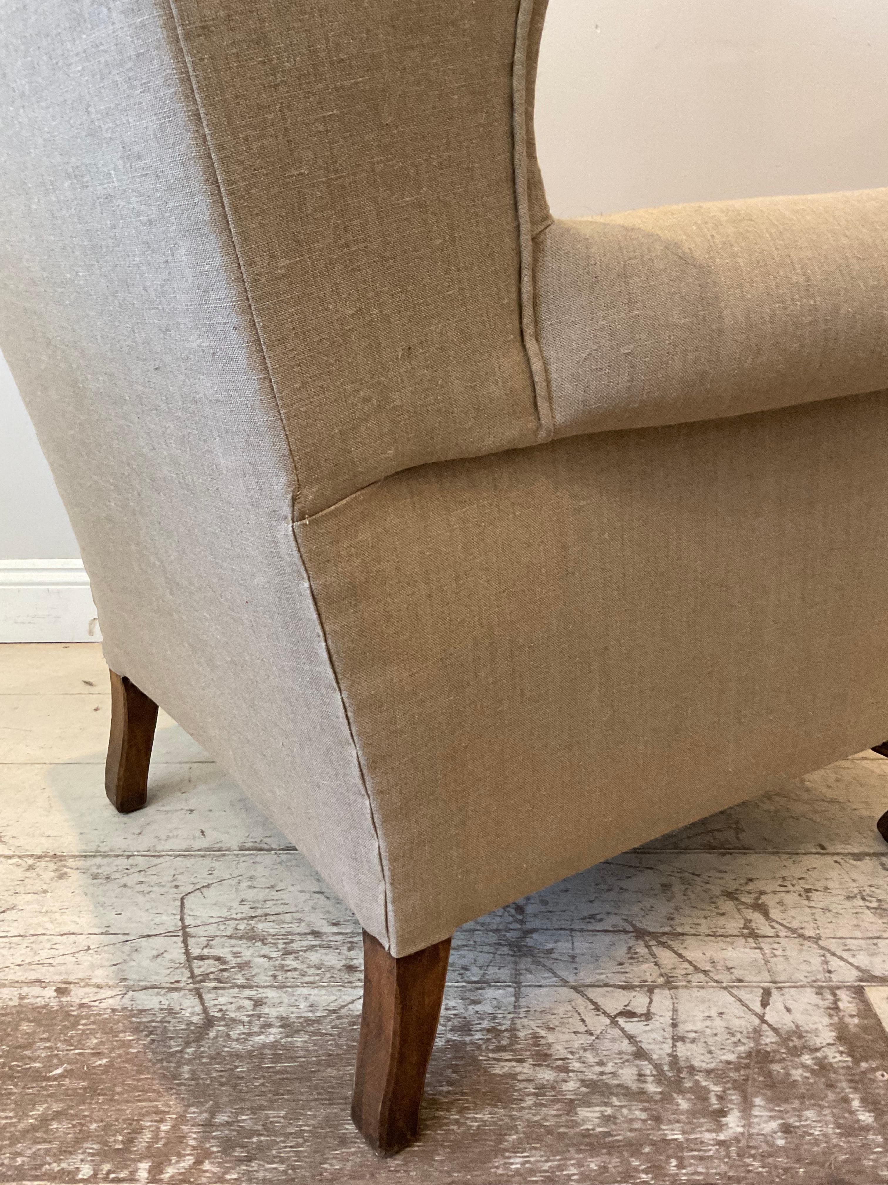 Pair of Large 1920s English Wing Back Chairs Upholstered in Neutral Linen 4