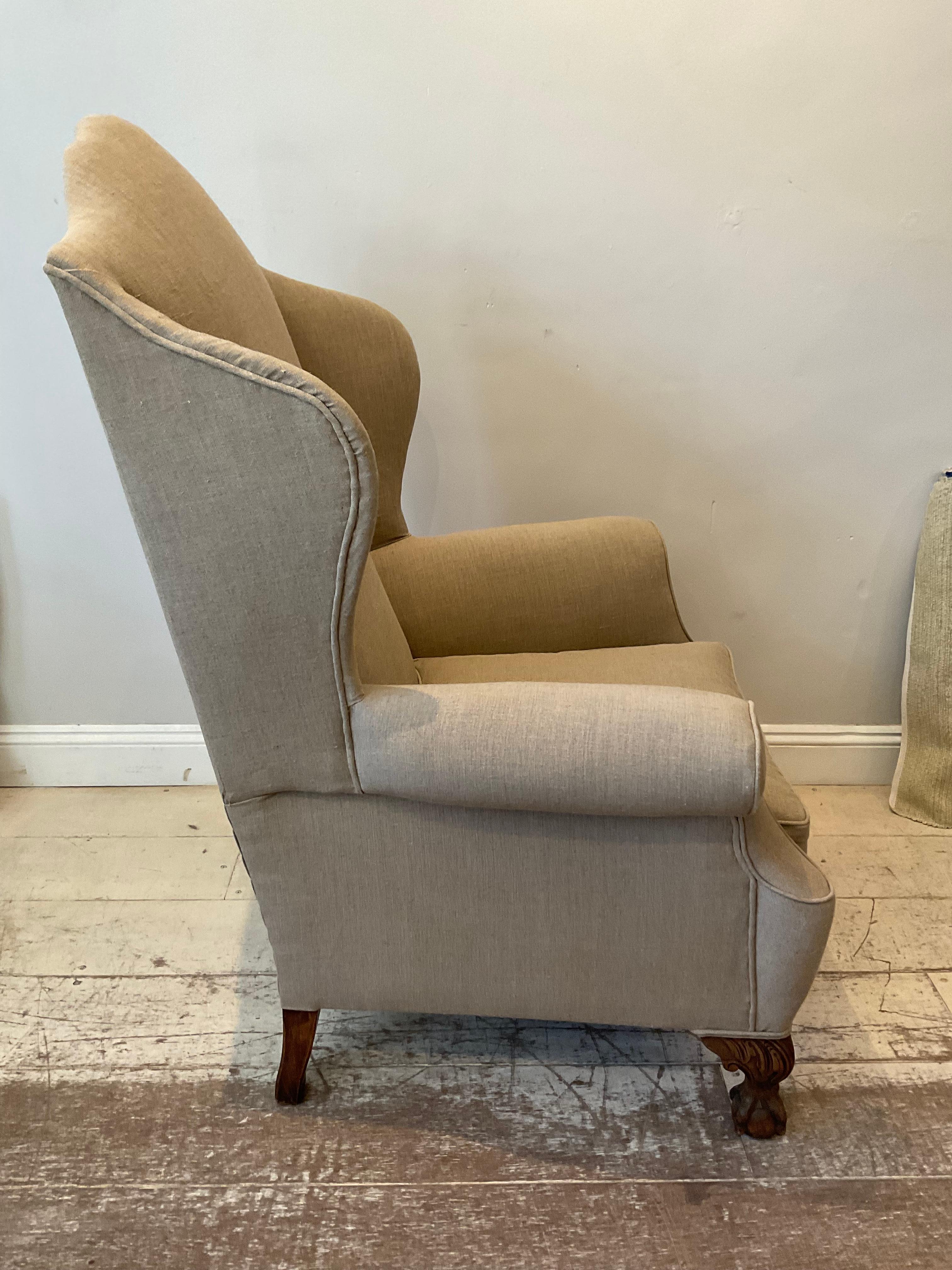 Pair of Large 1920s English Wing Back Chairs Upholstered in Neutral Linen 5