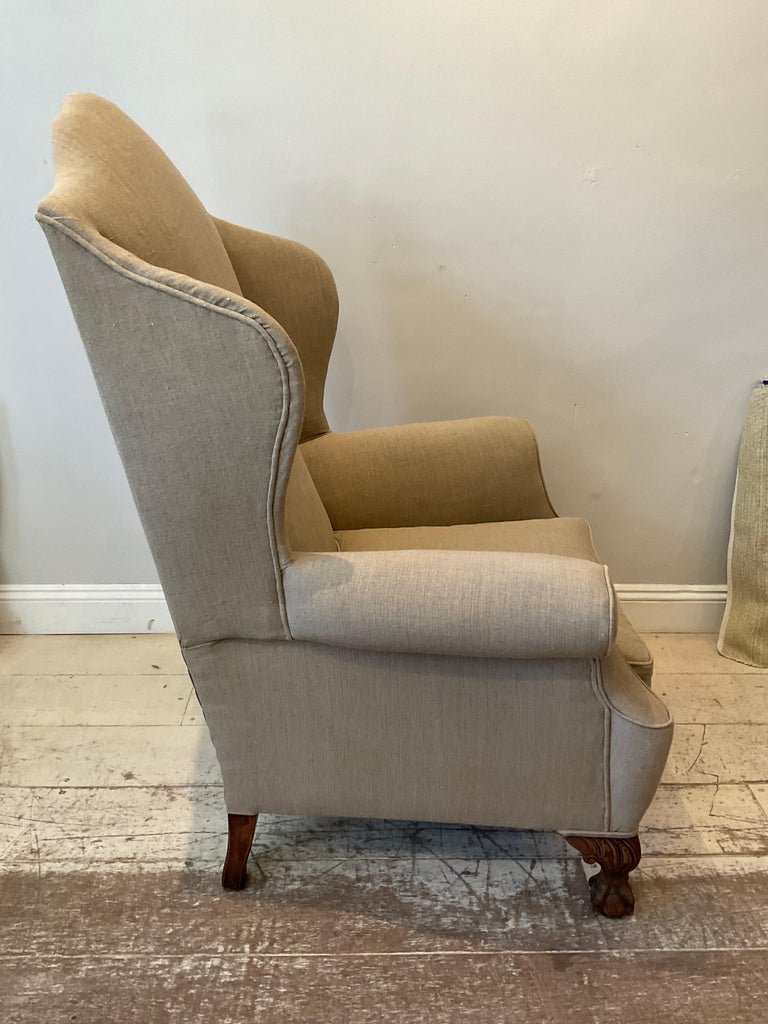 Pair of Large 1920s English Wing Back Chairs Upholstered in Neutral Linen For Sale 5