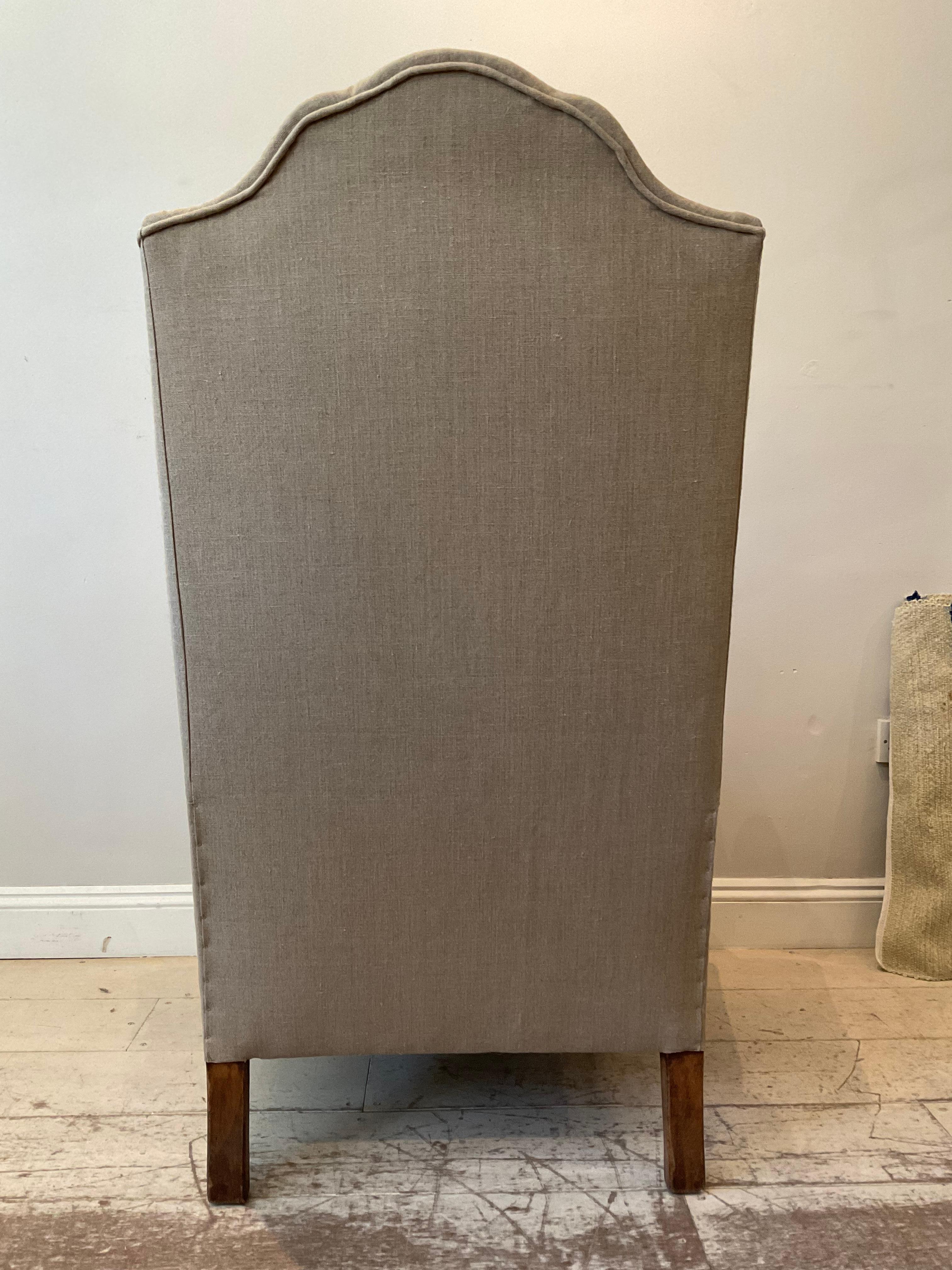Pair of Large 1920s English Wing Back Chairs Upholstered in Neutral Linen 6