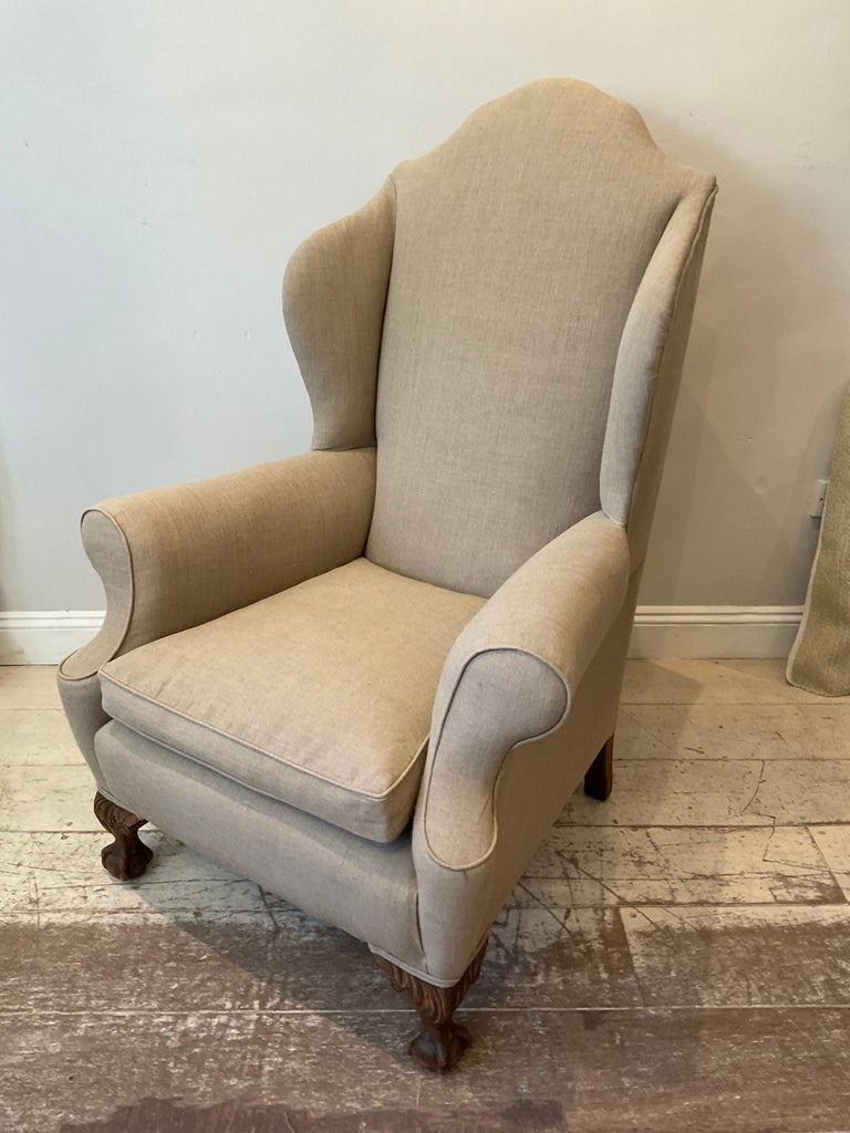 Woodwork Pair of Large 1920s English Wing Back Chairs Upholstered in Neutral Linen For Sale
