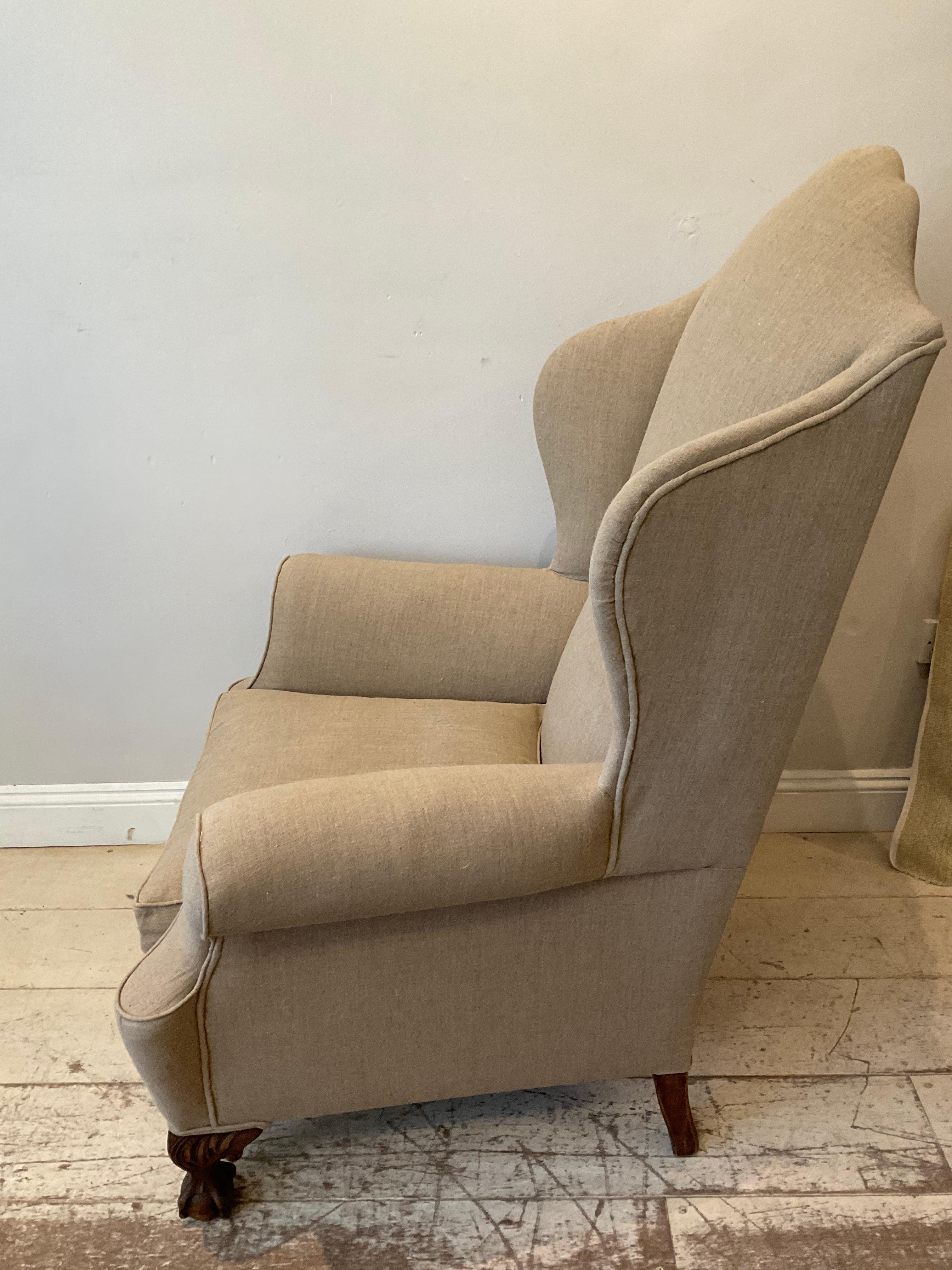 Oak Pair of Large 1920s English Wing Back Chairs Upholstered in Neutral Linen