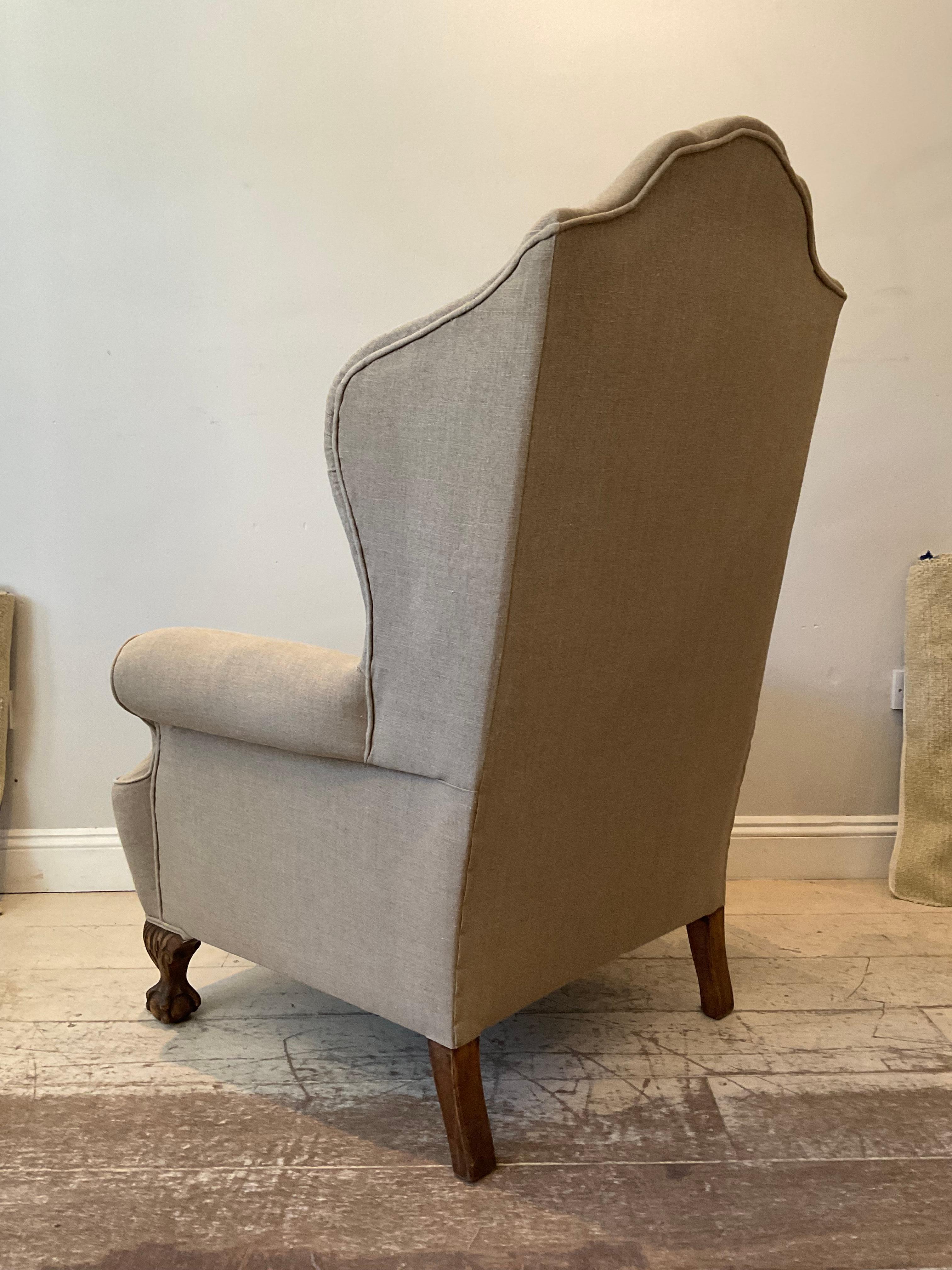 Pair of Large 1920s English Wing Back Chairs Upholstered in Neutral Linen 1
