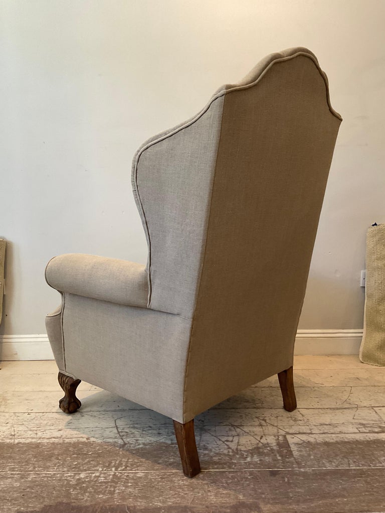 Pair of Large 1920s English Wing Back Chairs Upholstered in Neutral Linen For Sale 1