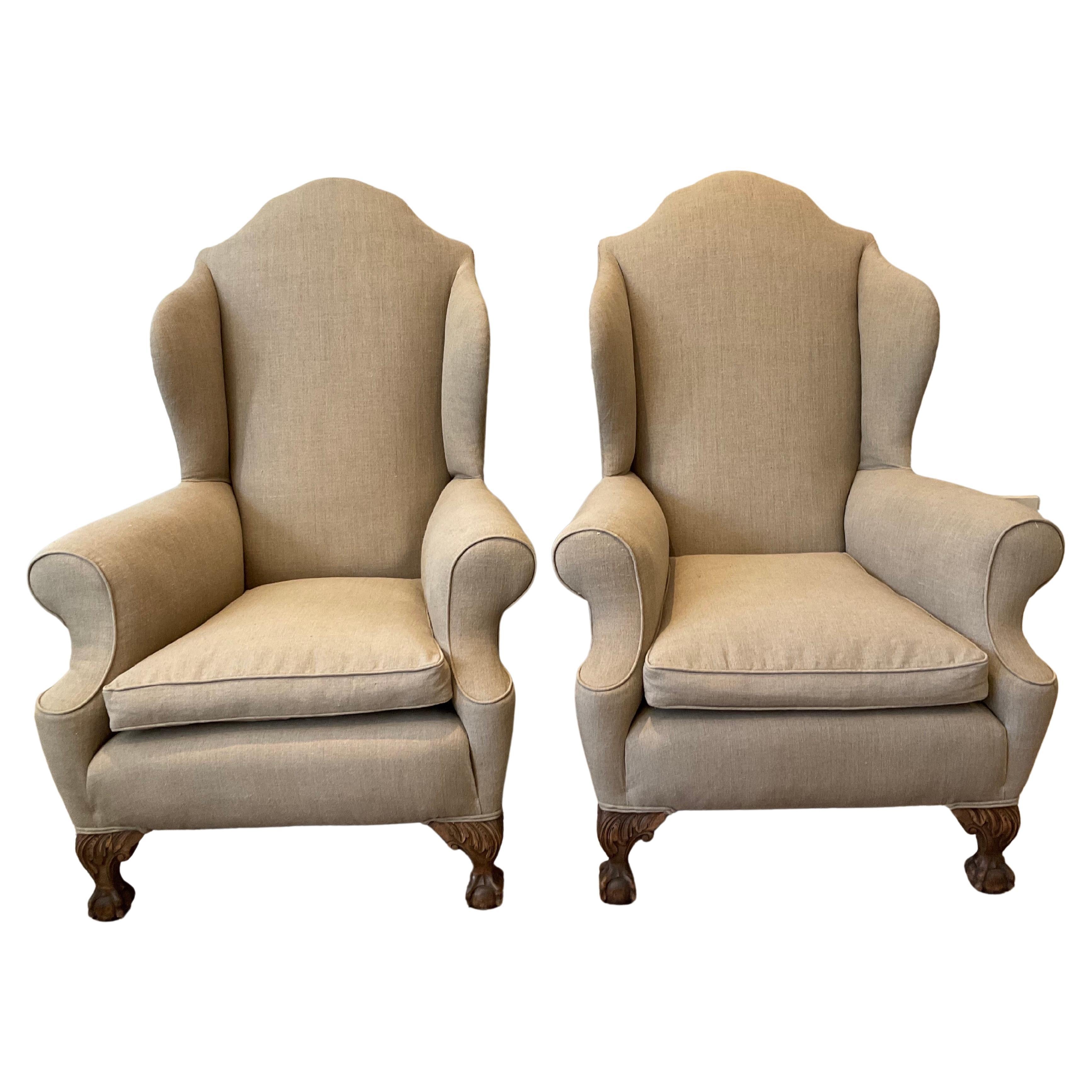Pair of Large 1920s English Wing Back Chairs Upholstered in Neutral Linen