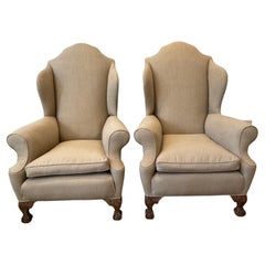 Antique Pair of Large 1920s English Wing Back Chairs Upholstered in Neutral Linen