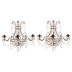 Pair of Large 1920s Gilt Metal and Glass Three Arm Wall Sconces.