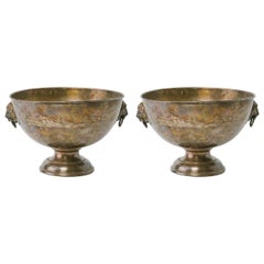 Pair of Large 1920s Silver Plate Bowls with Lion Heads