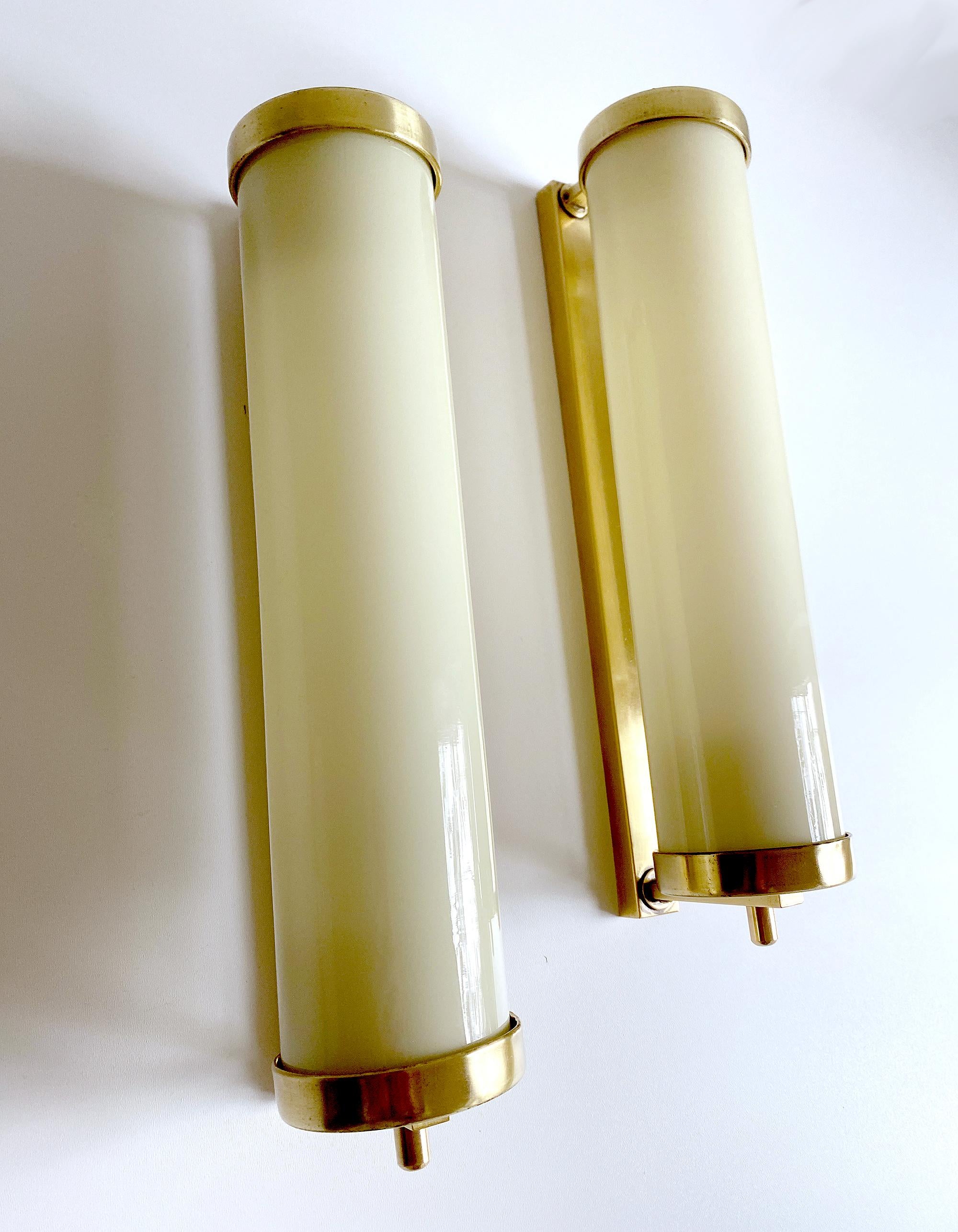 European Pair of Large 1930s Art Deco Bauhaus Sconces, Brass and Glass For Sale