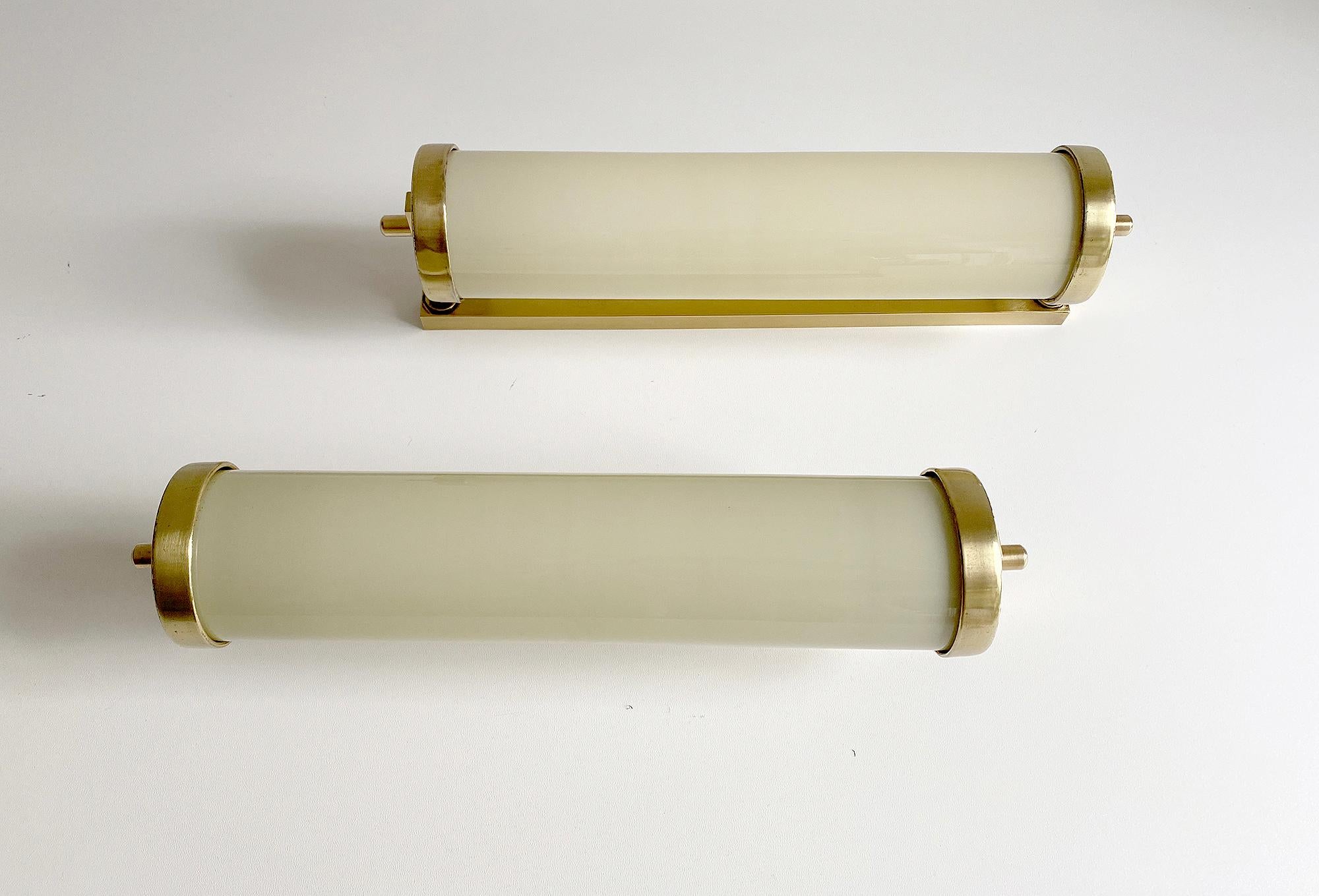 Mid-20th Century Pair of Large 1930s Art Deco Bauhaus Sconces, Brass and Glass For Sale