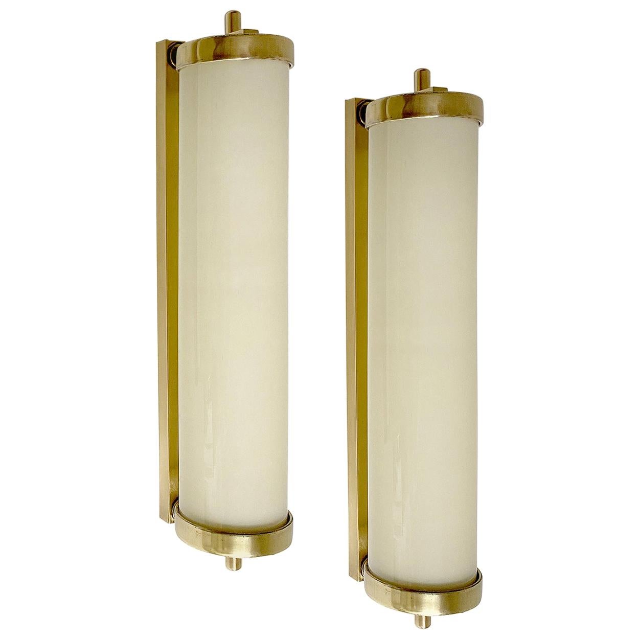 Pair of Large 1930s Art Deco Bauhaus Sconces, Brass and Glass For Sale