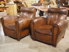 Pair of Large 1930s French Leather Club Armchairs