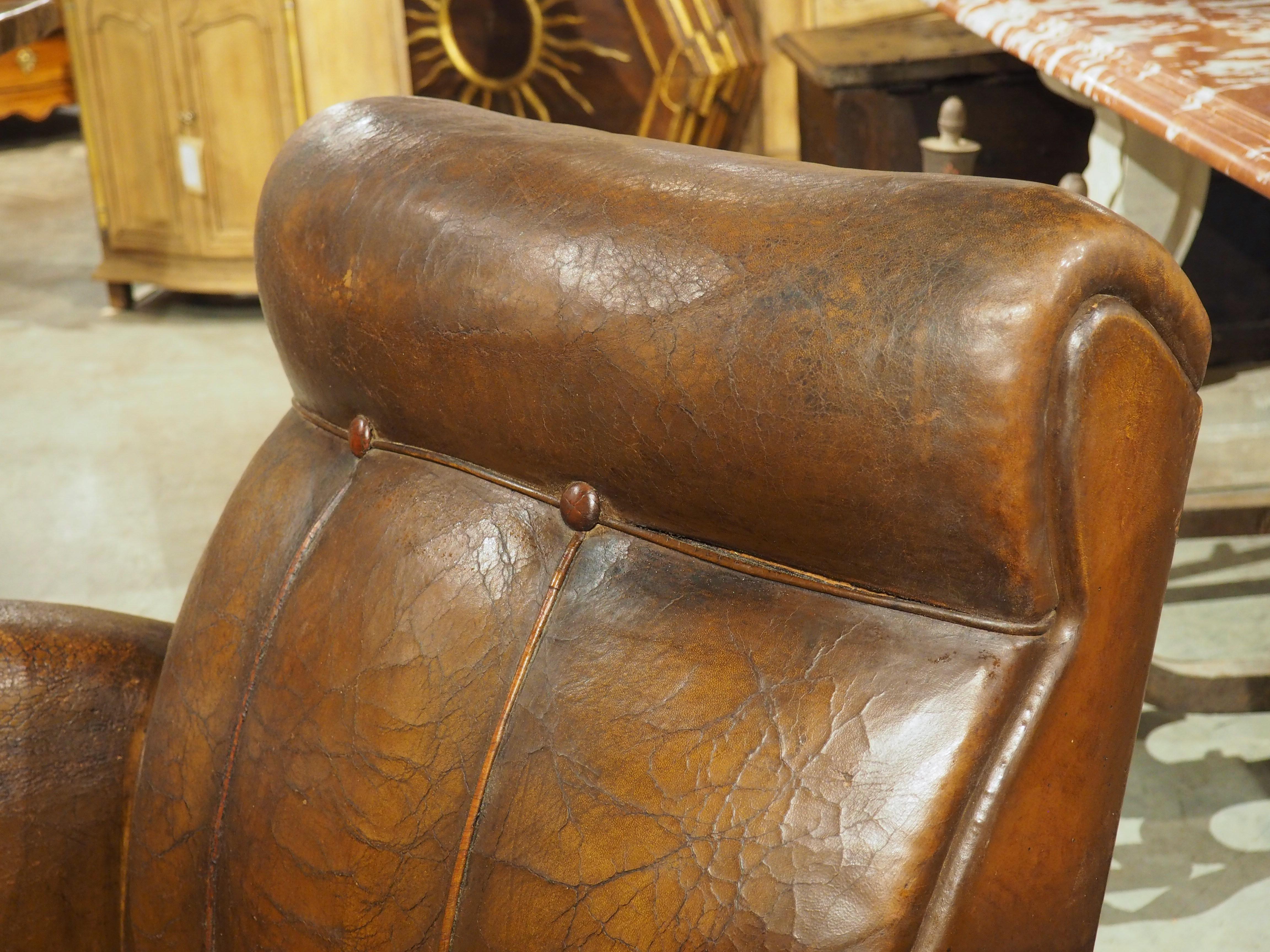 Mid-20th Century Pair of Large 1930s French Leather Club Armchairs
