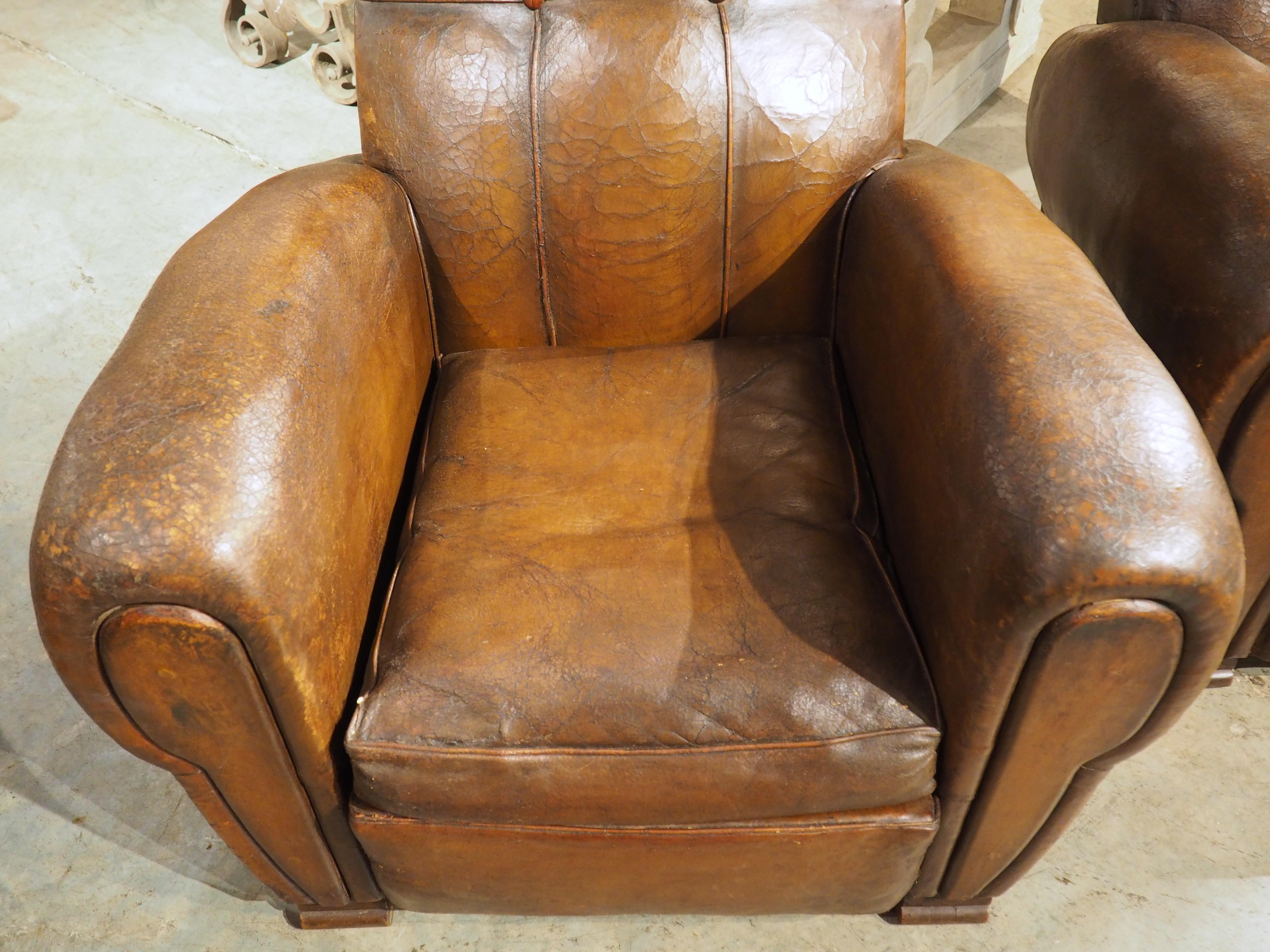 Pair of Large 1930s French Leather Club Armchairs 2
