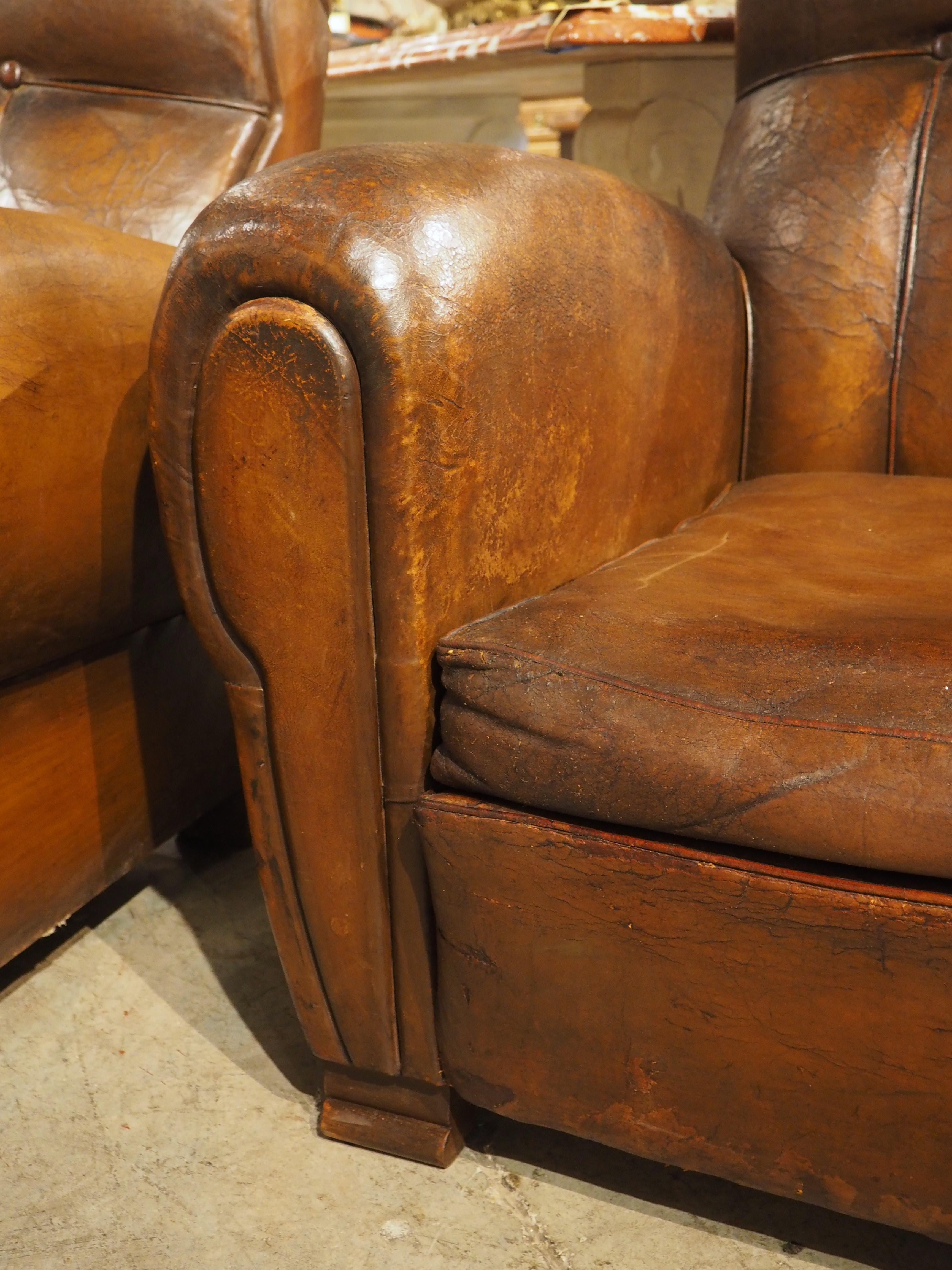 Pair of Large 1930s French Leather Club Armchairs 4