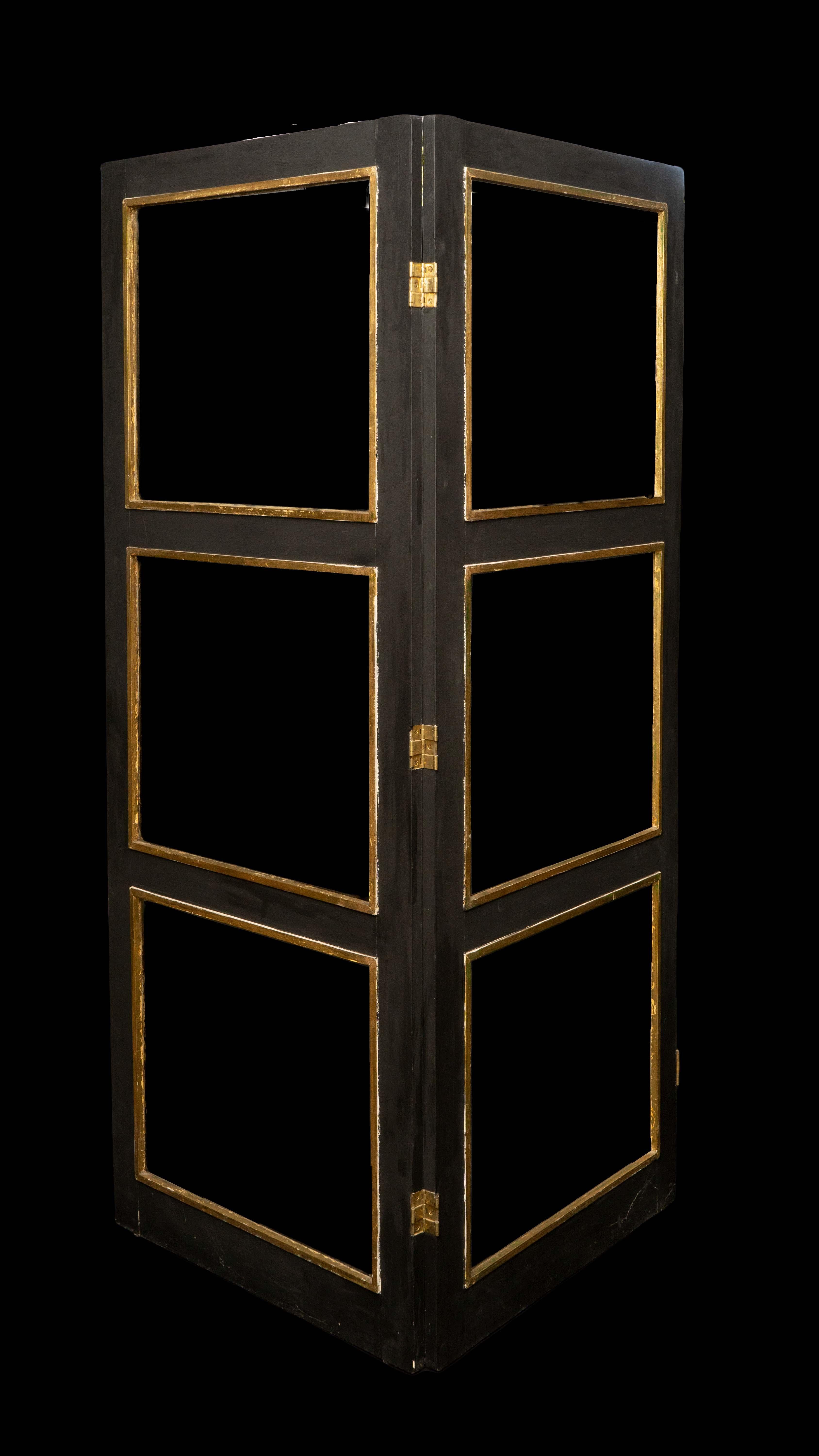 Pair of Large 1940's French Black and Gilt Screens 'Paravent' with Glass Panels In Good Condition For Sale In New York, NY