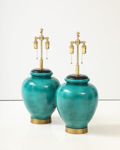 Pair of  Large 1950's Ceramic Lamps with a Beautiful Green Crackle Glaze