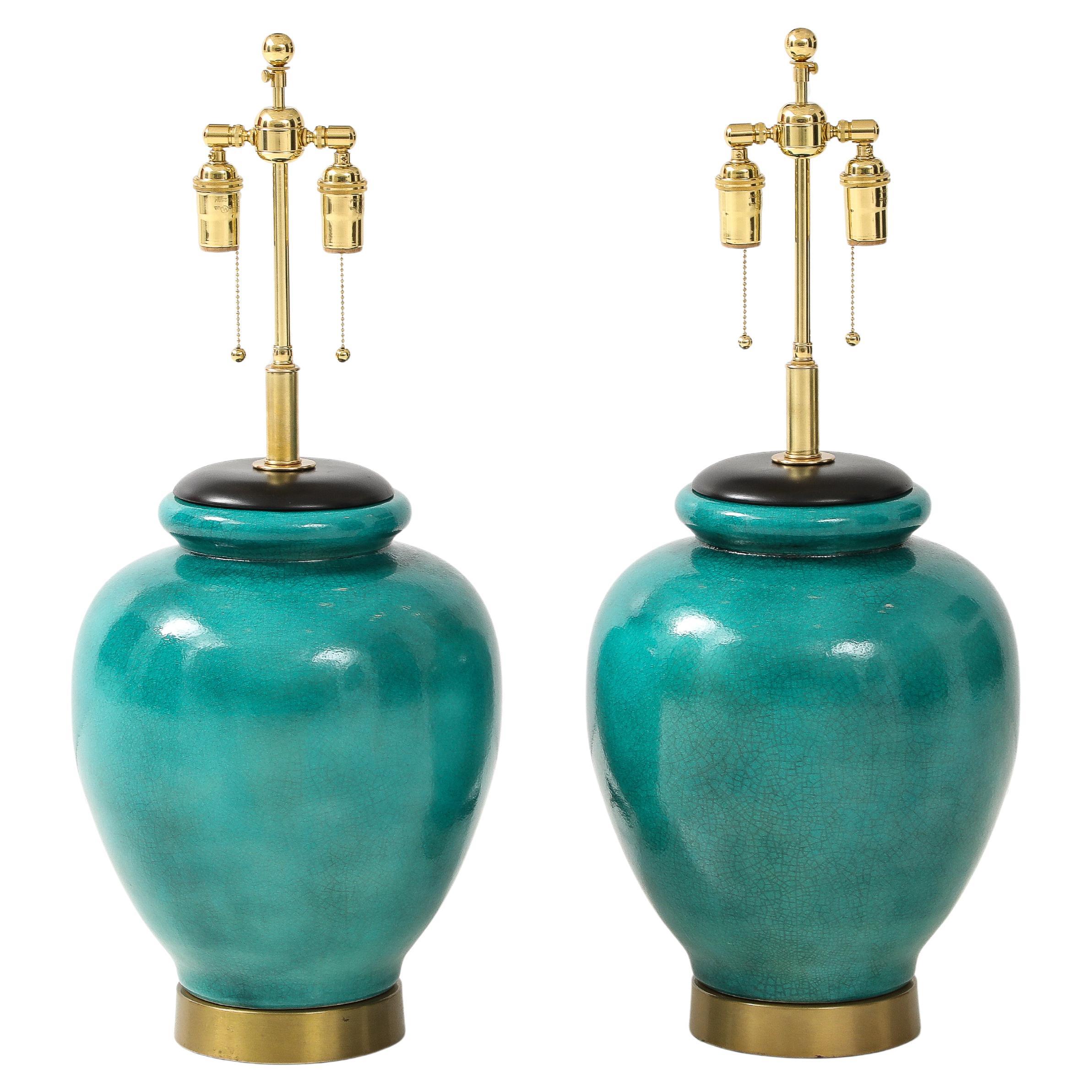 Pair of  Large 1950's Ceramic Lamps with a Beautiful Green Crackle Glaze