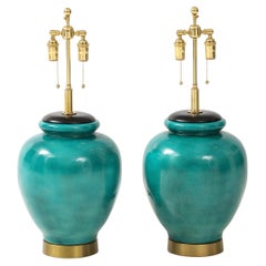Pair of  Large 1950's Ceramic Lamps with a Beautiful Green Crackle Glaze