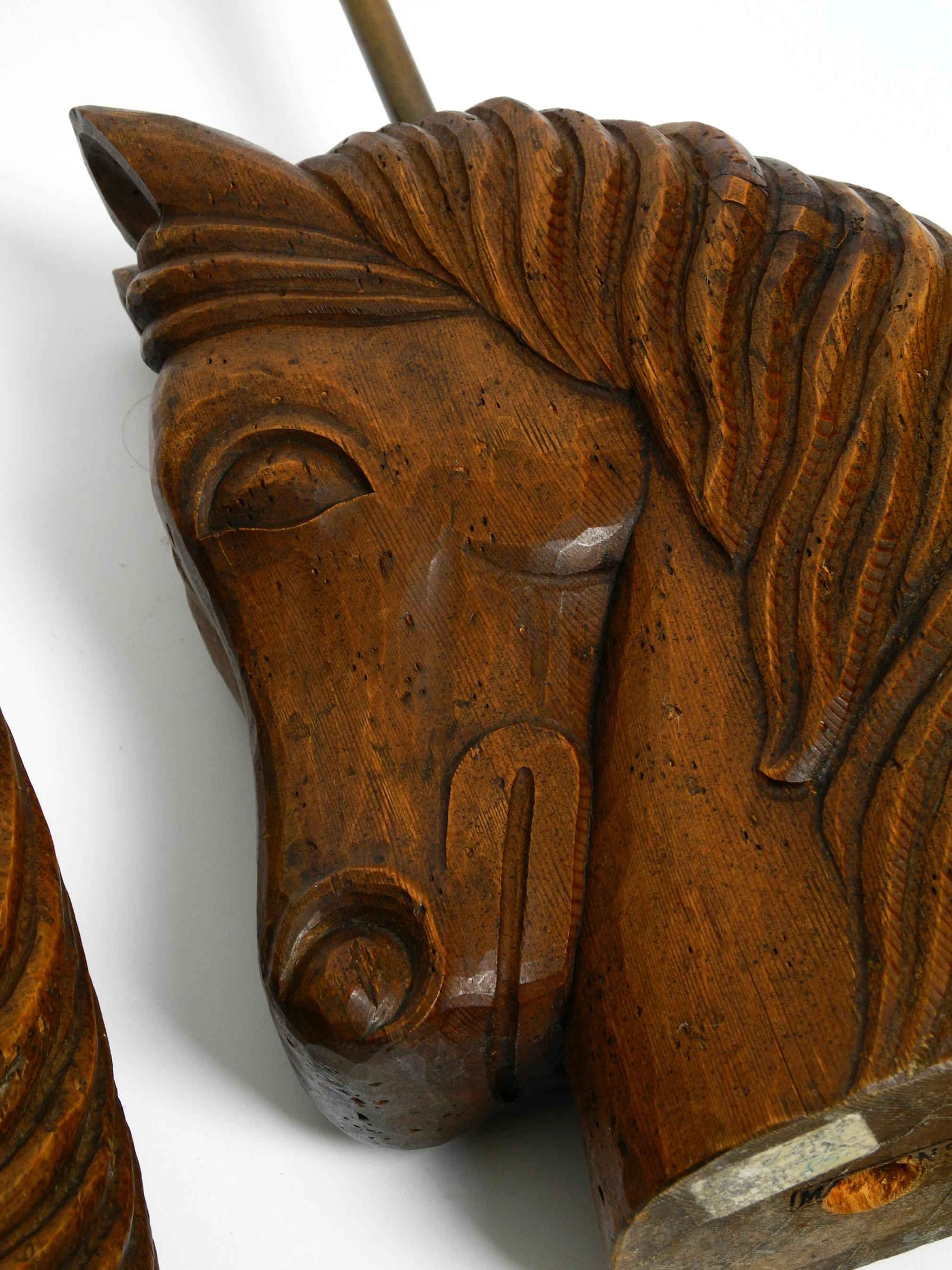Pair of large 1950s hand carved horse head table lamps made solid stained pine 10