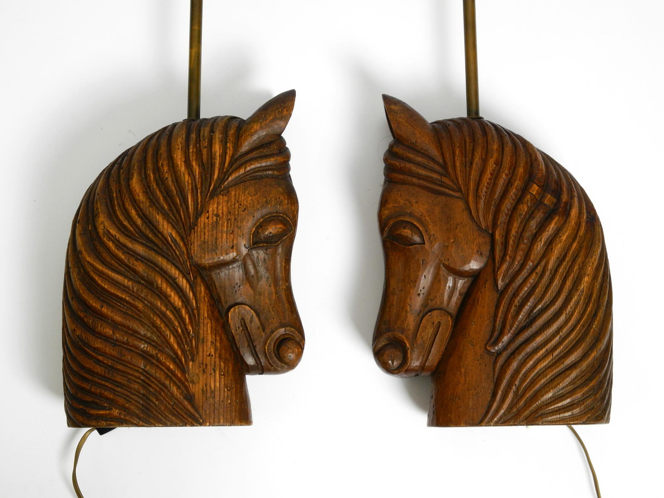Mid-Century Modern Pair of large 1950s hand carved horse head table lamps made solid stained pine