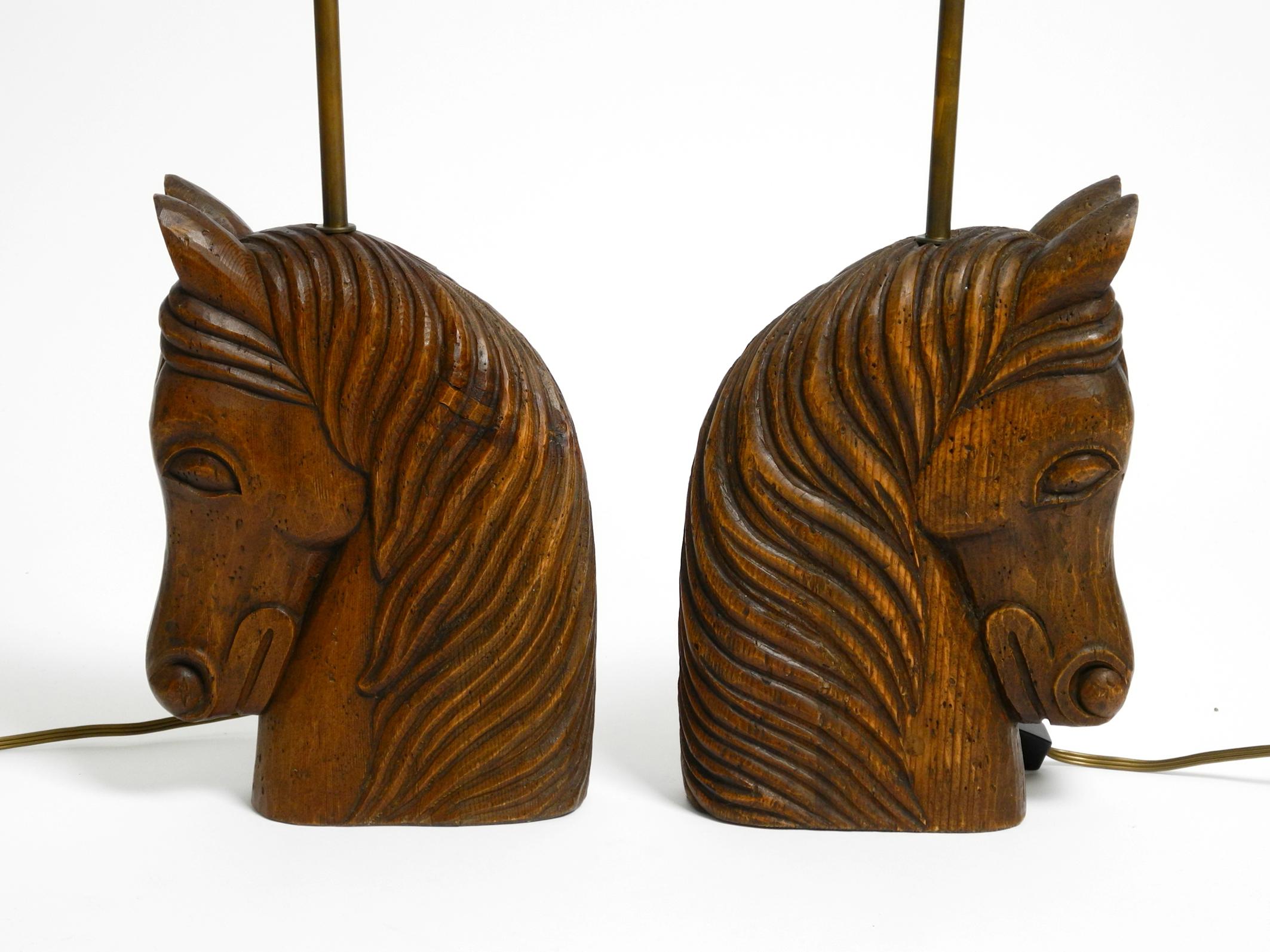 Spanish Pair of large 1950s hand carved horse head table lamps made solid stained pine