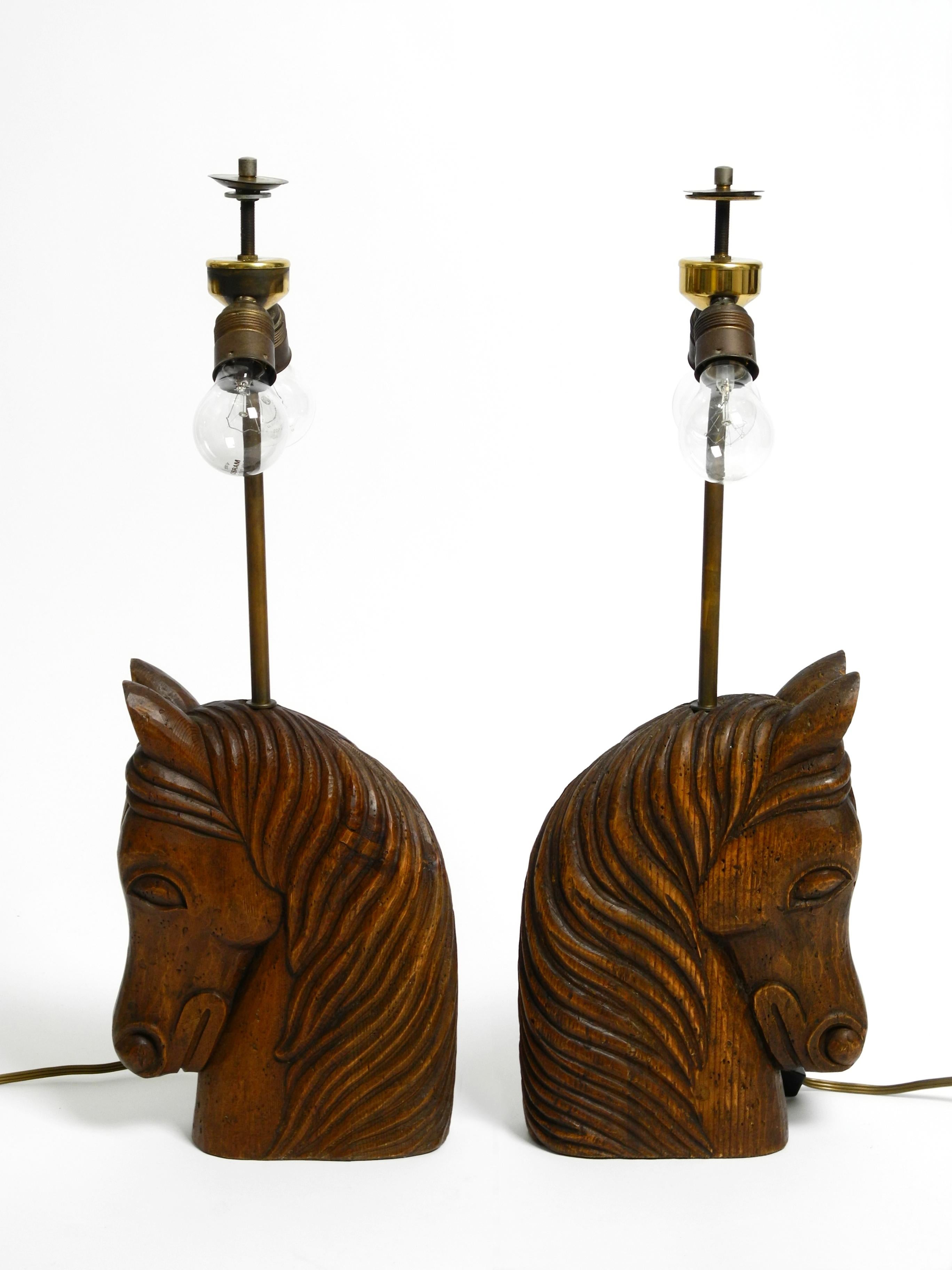 Mid-20th Century Pair of large 1950s hand carved horse head table lamps made solid stained pine