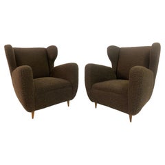 Pair Of Large 1950S Italian Armchairs In Chocolate Boucle
