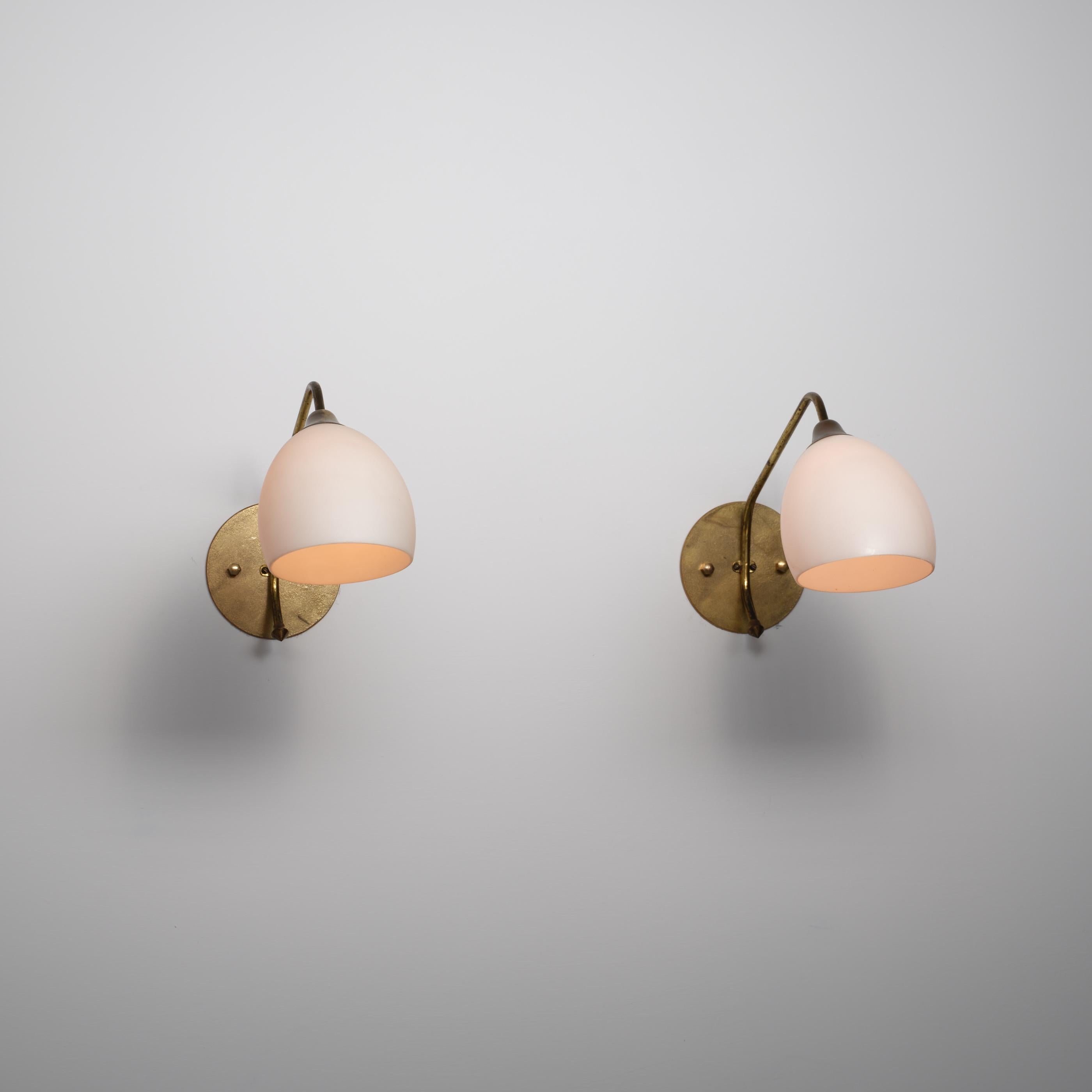 Pair of Large 1950s Italian Brass and Opaline Glass Wall Sconces For Sale 5