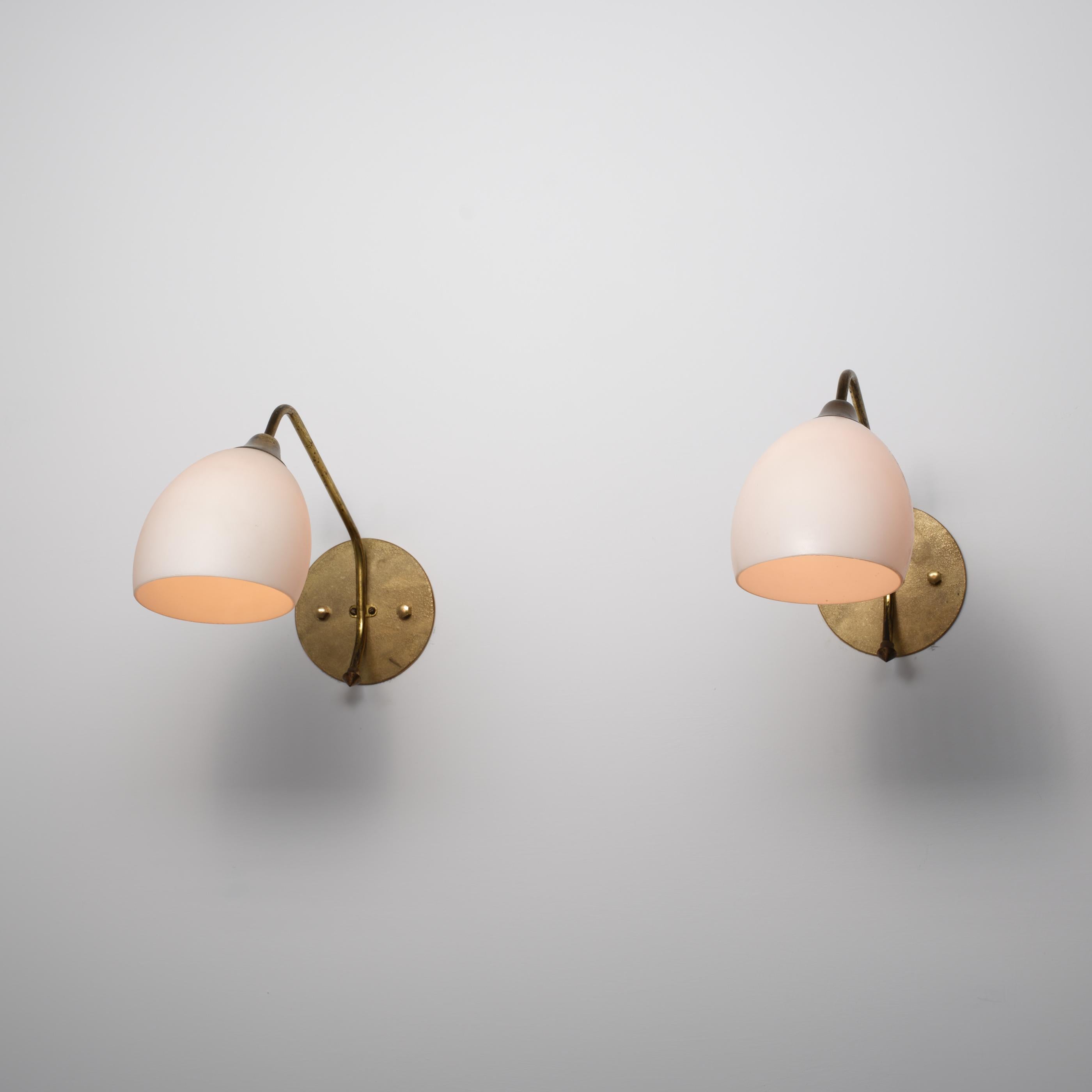 Pair of Large 1950s Italian Brass and Opaline Glass Wall Sconces For Sale 6