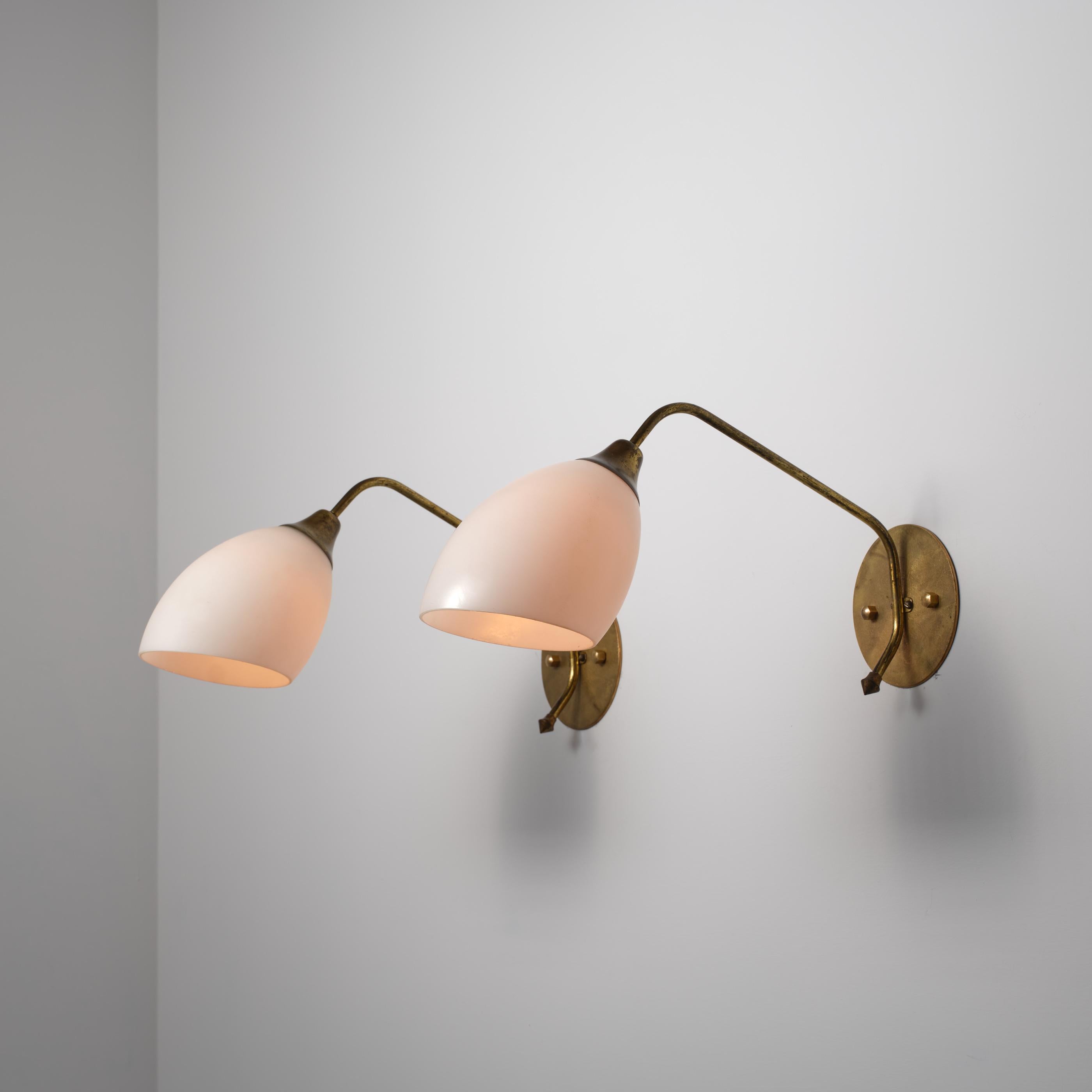 Pair of Large 1950s Italian Brass and Opaline Glass Wall Sconces For Sale 7