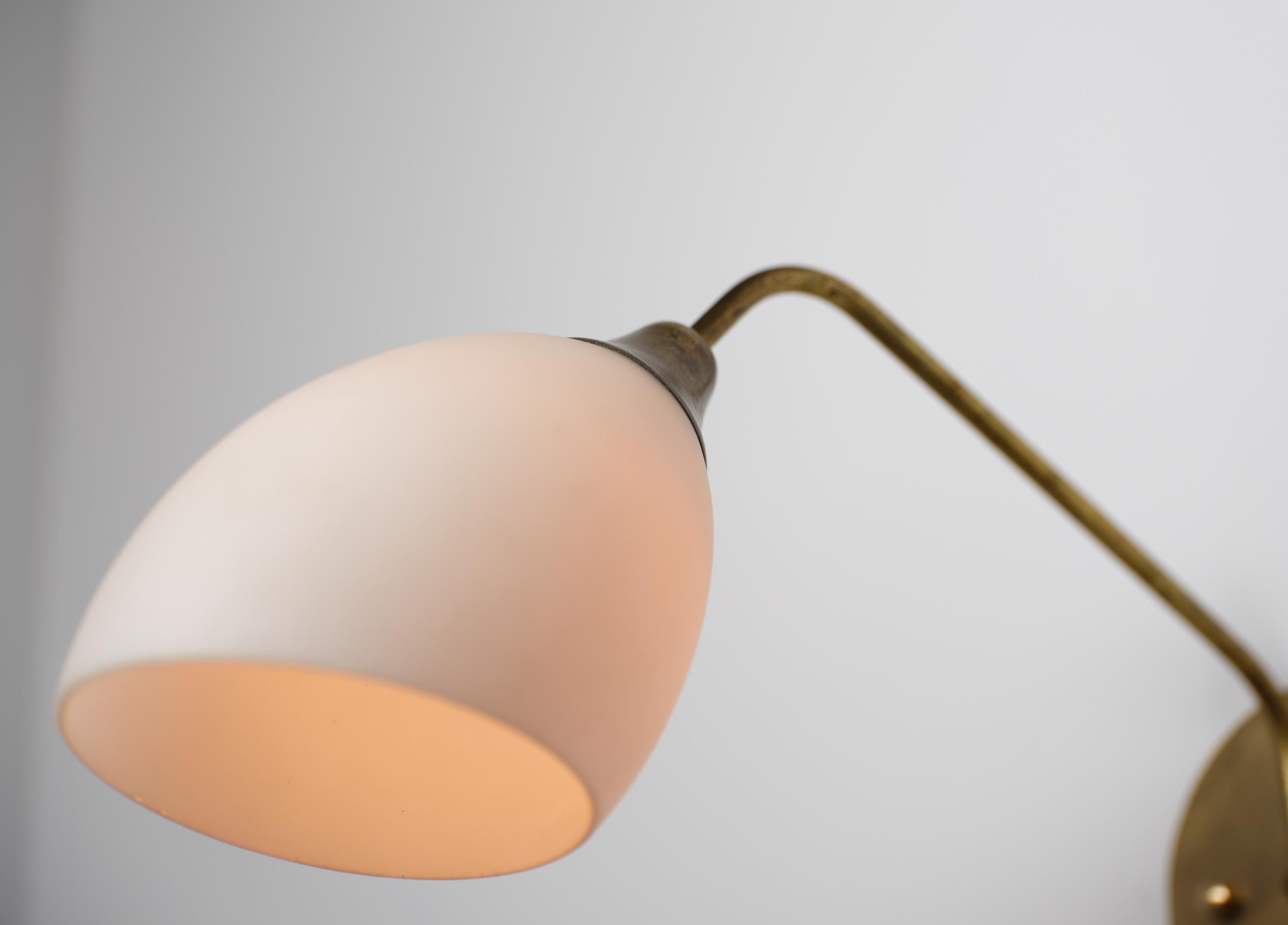 Pair of Large 1950s Italian Brass and Opaline Glass Wall Sconces For Sale 9