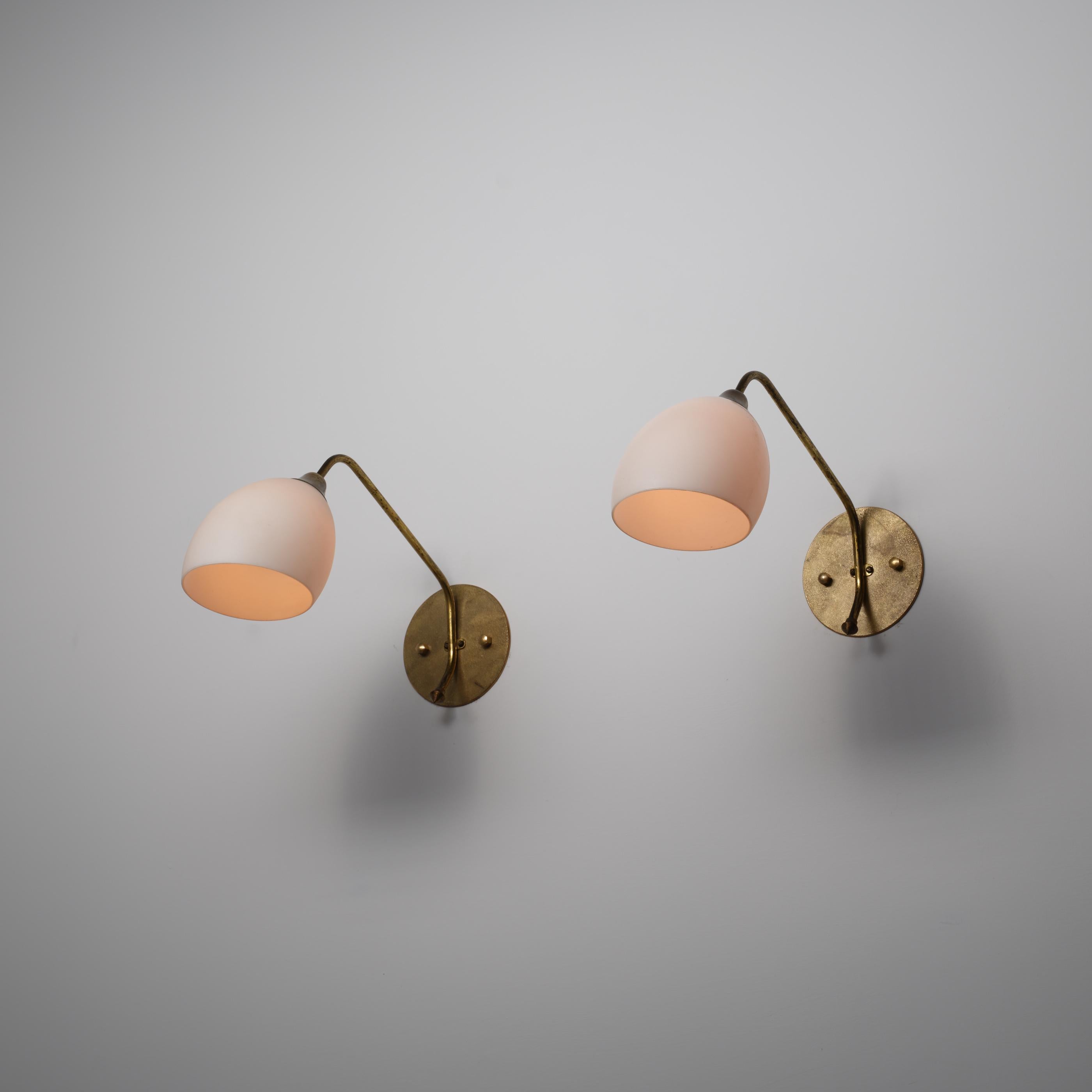Mid-20th Century Pair of Large 1950s Italian Brass and Opaline Glass Wall Sconces For Sale