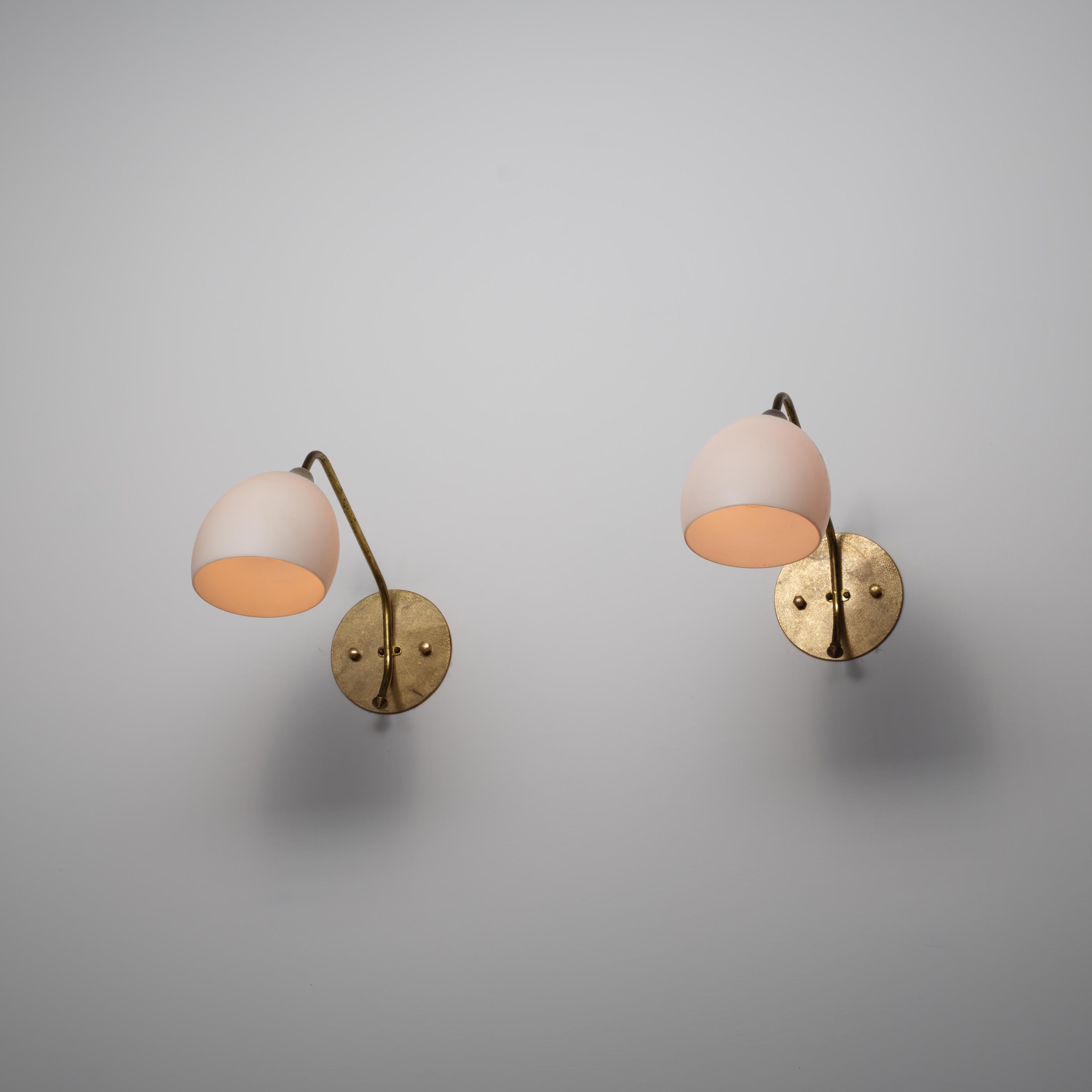 Pair of Large 1950s Italian Brass and Opaline Glass Wall Sconces For Sale 1