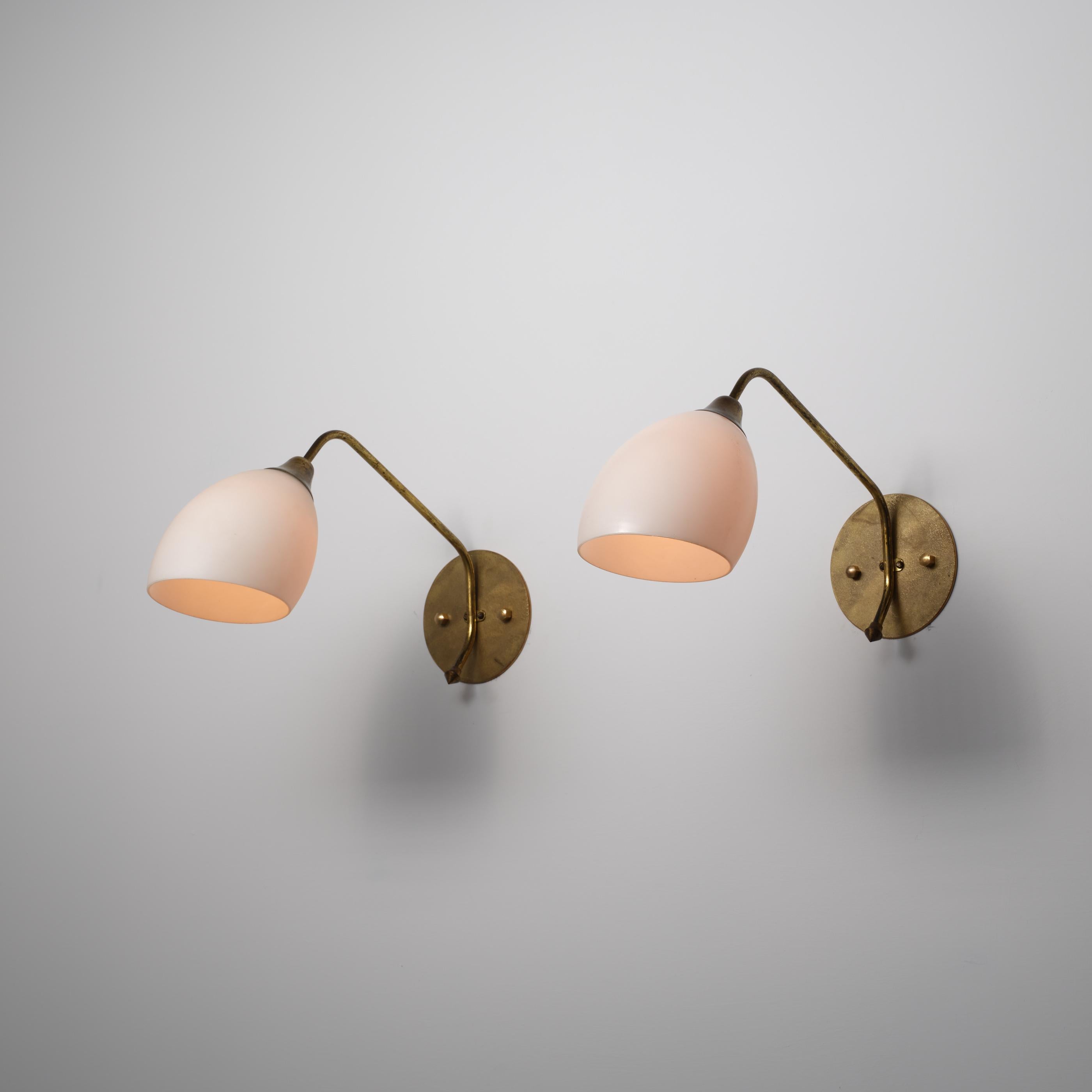 Pair of Large 1950s Italian Brass and Opaline Glass Wall Sconces For Sale 4