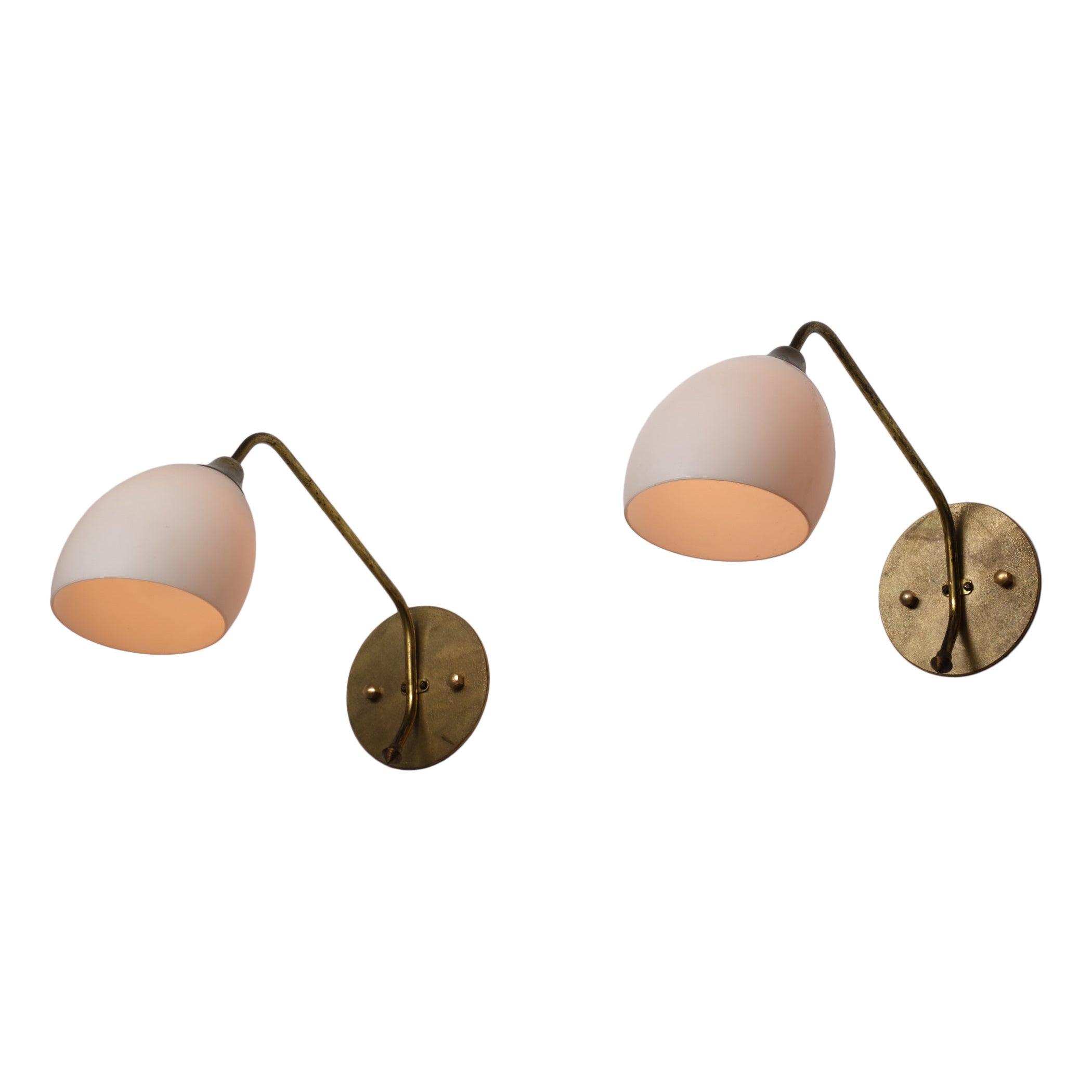Pair of Large 1950s Italian Brass and Opaline Glass Wall Sconces For Sale