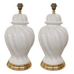 Pair of Large 1950s Italian White Glazed Ceramic Table Lamps