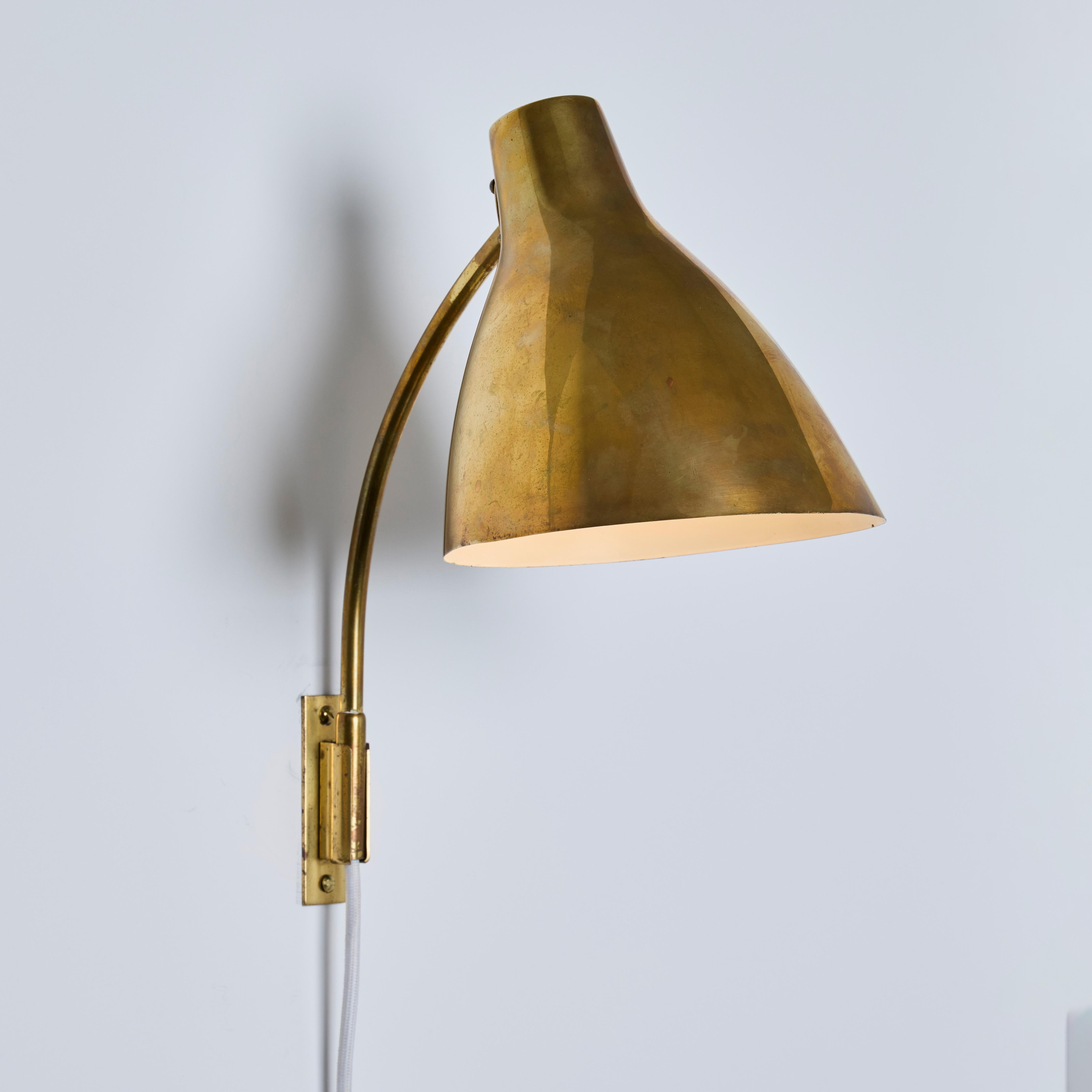 Scandinavian Modern Pair of Large 1950s Lisa Johansson Pape #3055 Brass Wall Lamps for Stockmann For Sale