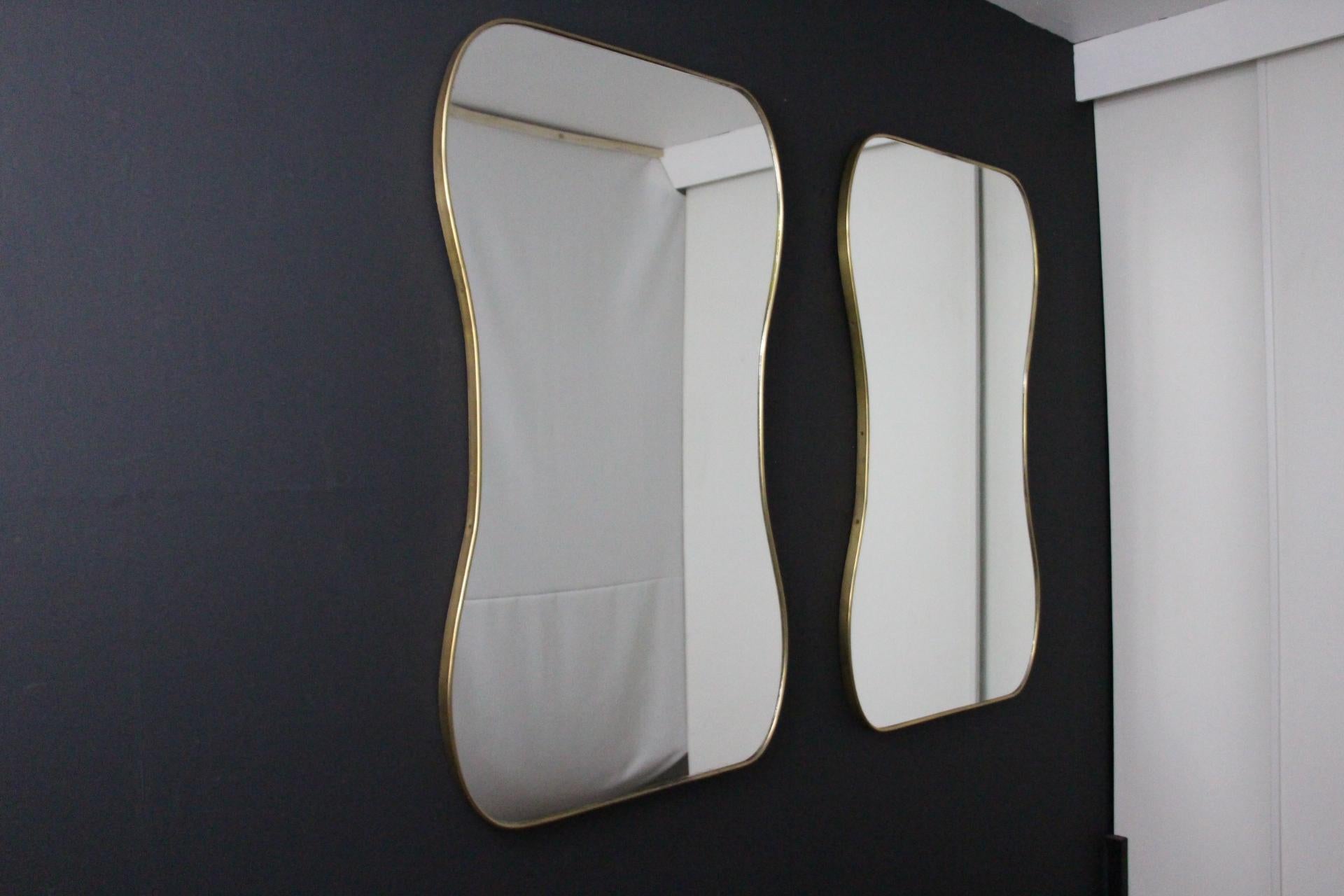 Mid-Century Modern Large 1950's Modernist Shaped Brass Wall Mirror , Gio Ponti Style For Sale