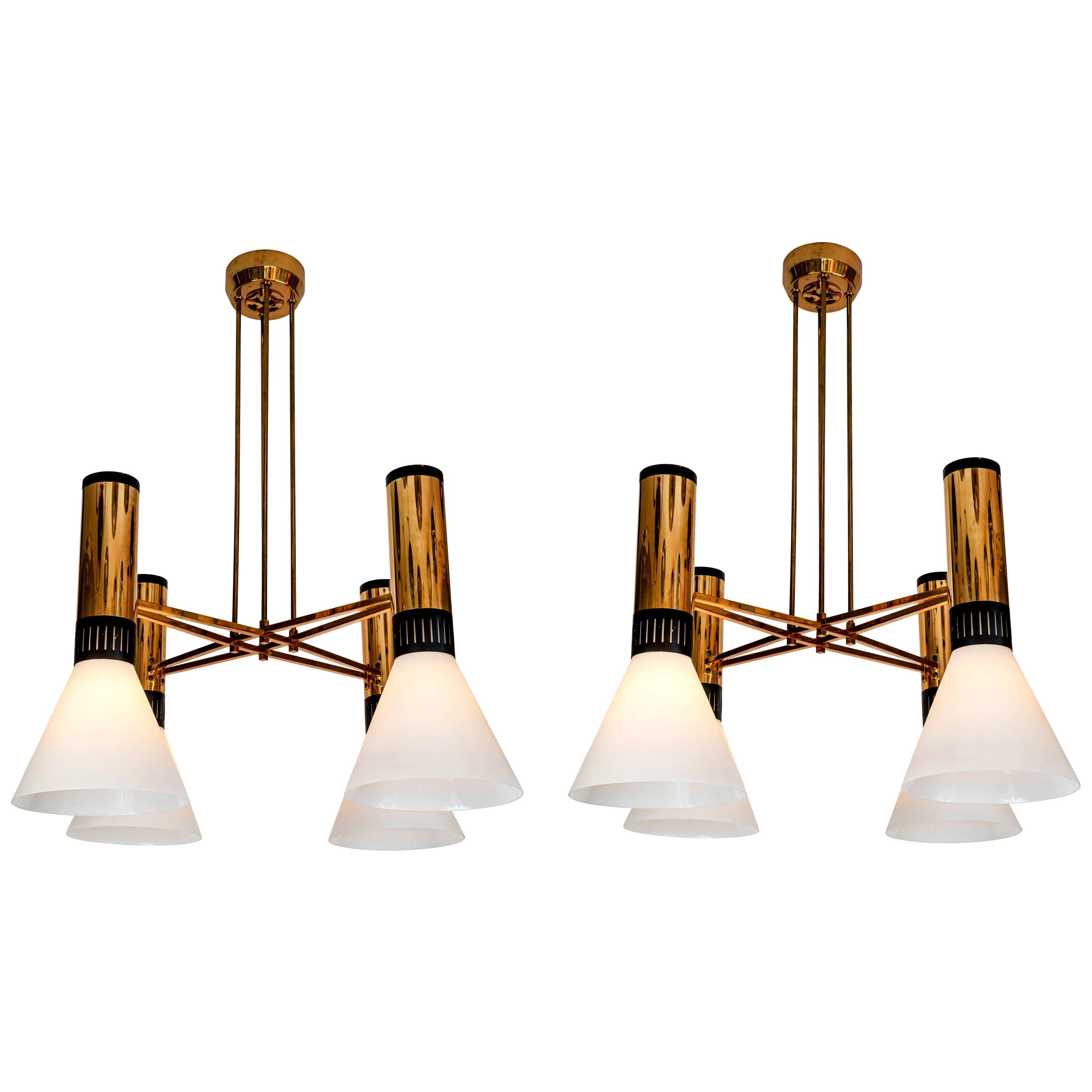 Pair of Large 1950s Stilnovo 4-Cone Model #1174 Chandeliers