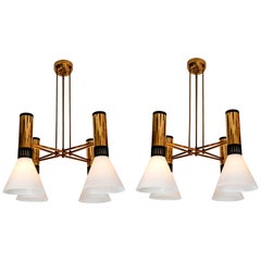 Pair of Large 1950s Stilnovo 4-Cone Model #1174 Chandeliers