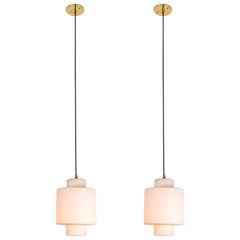 Retro Pair of Large Glass and Brass Pendants Attributed to Stilnovo, circa 1958