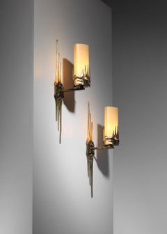 Pair of large 1960s Brutalist bronze wall sconces