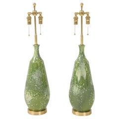 Pair of Large 1960's Ceramic Lamps with a Textured Avocado Green Glaze Finish.
